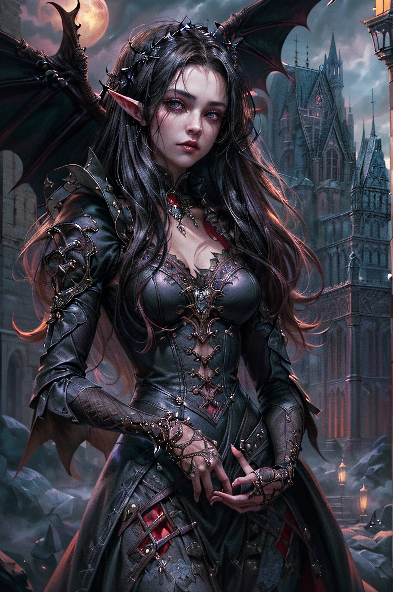 arafed, dark fantasy art, gothic art, (masterpiece:1.5), full body best details, highly detailed, best quality, highres, full body portrait of a vampire, elf (1.6, Masterpiece, best quality), ultra feminine (1.4 intricate details, Masterpiece, best quality) with a long curvy hair, dark color hair, red eyes (1.3 fantasy art, Masterpiece, best quality), ((beautiful delicate face)), Ultra Detailed Face (1.4 intricate details, fantasy art, Masterpiece, best quality), [visible sharp vampiric fangs] (1.6 intricate details, fantasy art, Masterpiece, best quality), [anatomically correct] red cloak, flowing cloak (1.4 intricate details, fantasy art, Masterpiece, best quality), wearing an intricate leather [white] dress (1.4 intricate details, gothic art, Masterpiece, best quality), high heeled boots, blood dripping on lips, urban background (intense details, beat details), fantasy, at night light, natural ,moon light, soft moon light, moon rays, clouds, gothic atmosphere, gothic street background, bats flying in background, soft light, dynamic light, [[anatomically correct]], high details, best quality, 8k, [ultra detailed], masterpiece, best quality, (extremely detailed), dynamic angle, ultra wide shot, RAW, photorealistic, zrpgstyle