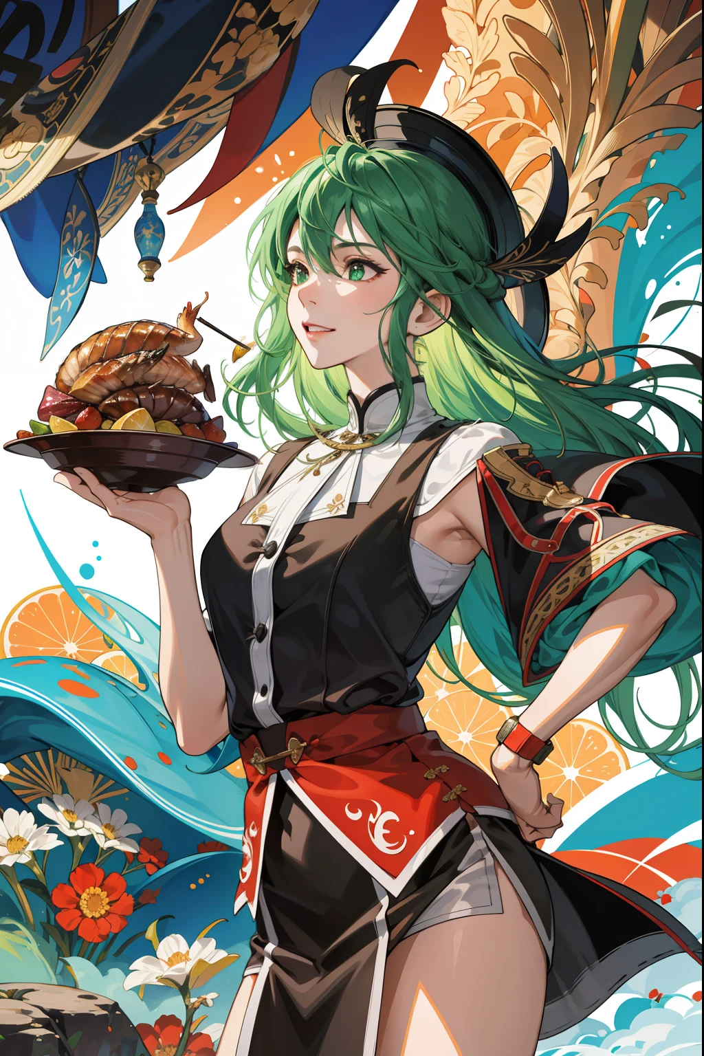 (hoang lap,A high resolution,ultra - detailed),(1girll,Green hair,Holding a turkey ready to eat,roasted turkey,cowboy lens),BREAK psychedelic art,vivd colour,Swirling pattern,optical illusions,Hallucinatory vision,Images that expand your thinking,Counterculture influences BREAK ambiguity,symmetrical design,spinning illusion,The art of calligraphy,Visual word play,Creative typography,Art puzzleBREAK,Turkey on the table,delicacies,Delicious food,Gastronomic experience,Refreshing drink,International cuisine,food culture