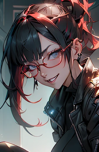 1nerdy Japanese 30yo woman with glasses, ((boyish)), (low pony tail:1.5), (two-tone hair:1.5), ((((half black and half red hair)))), (on the left side is black hair:1.5), (on the right side is red hair:1.5), (asymmetrical messy hair:1.3), (((black-rimmed round glasses))), (((beautifully detailed face))), (((perfect face))), (((Beautiful detailed eyes))), (((perfect eyes))), sharp eyes, (Dark Blue eyes:1.3), (gothic makeup with so many eyelashes and jet black eyeshadow), (sadistic grinning smile:1.2), (open mouth:1.5), (bronze skin:1.3), ((white jacket), (loose crop top)), (Solo), perfect anatomy, slender, small bust, abs, (thin waist), (handsome face:1.3), (crazy smile:1.1), (teeth fangs:1.3), (dark skin:1.3), (Narrowed Eyes:1.1), (staring at me:1.3), (half-closed eyes:1.5), natural forehead, (piercings:1.2), (((black thick rimmed glasses))), (high detailed skin), ((top-quality)), ((High Definition)), ((beautiful detailed)), high quality shadow, mostly cloudy sky, ((official art)), octane render, two-tone lighting, Cyberpunk city street background, detailed background, White balance, Long Exposure, Depth of Field, anatomically correct, (((Best Quality))), (((masterpiece))), (((Super Detail))), (((UHD))), sitting in luxurious black office chair and crossing legs, blunt bangs hairstyle, fringe cut bangs hairstyle, The forehead is hidden by bangs