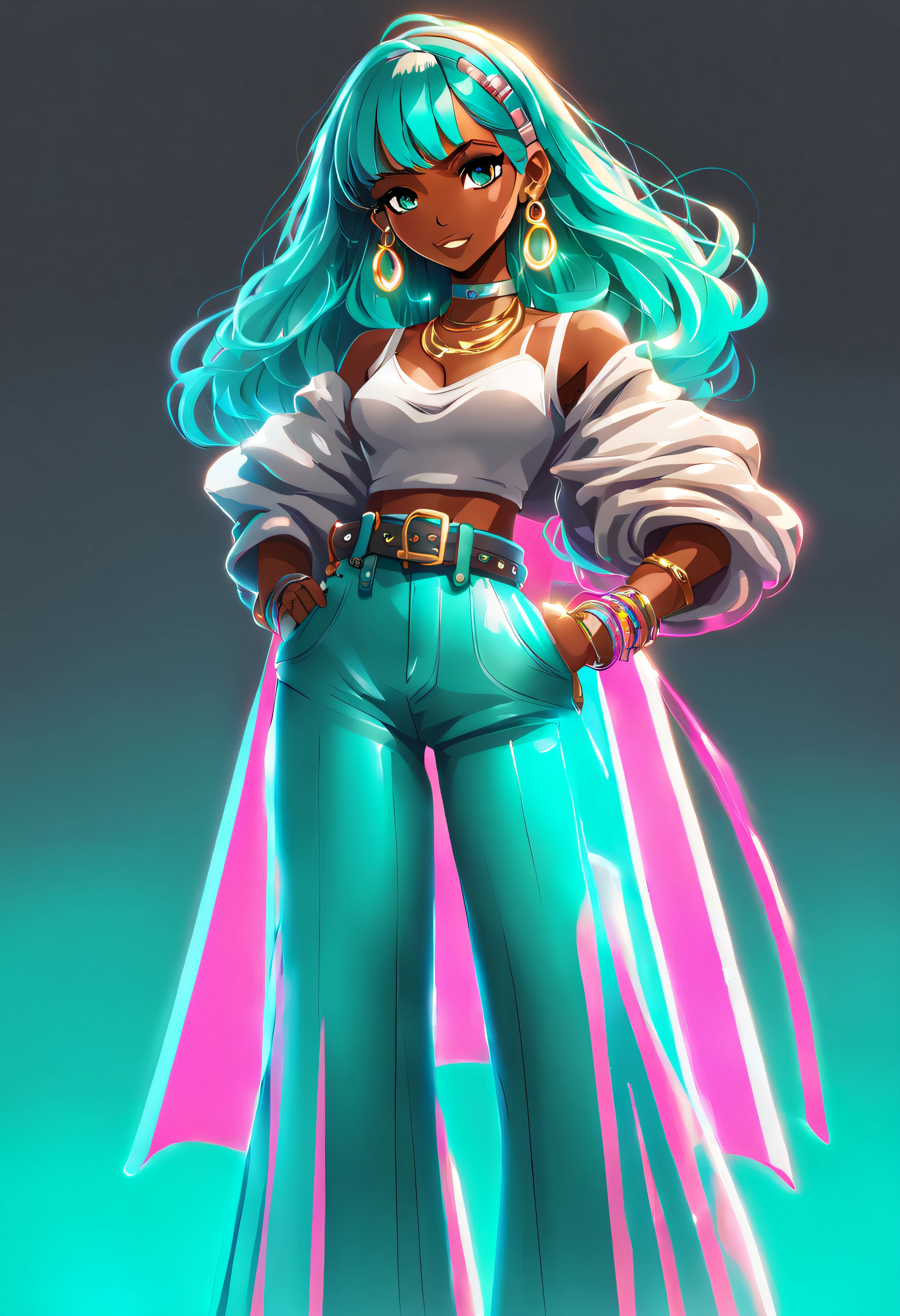 Wave Art Style,  1girl,  aqua eyes,  aqua hair,  bangs,  belt,  blunt bangs,  bracelet,  card,  cowboy shot,  dark skin,  dark-skinned female,  earrings,  glowing,  gradient,  gradient background,  holding,  hoop earrings,  jewelry,  long hair,  pants,  female_solo,