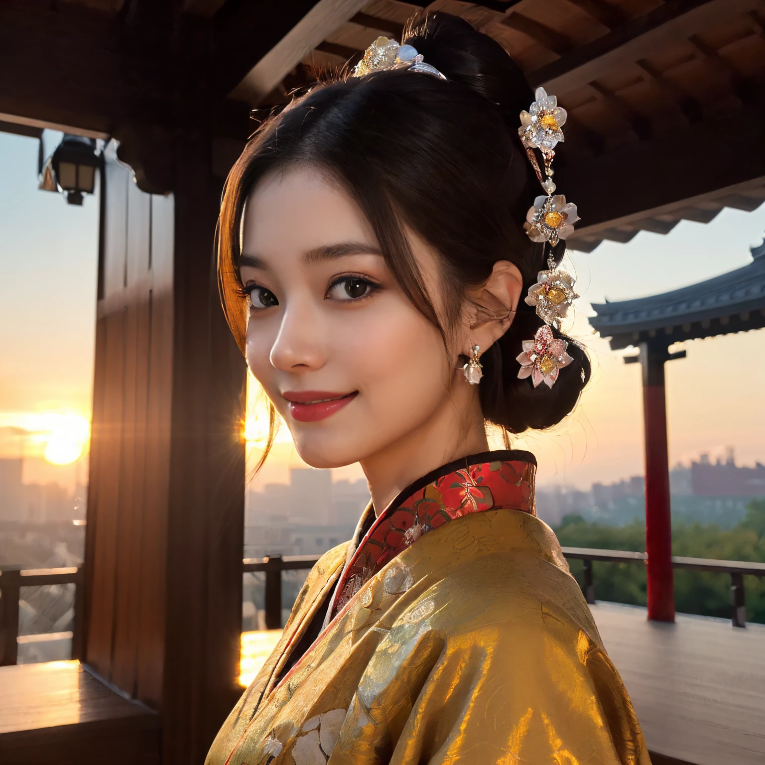 ((top-quality、masutepiece、8K、Top image quality、Very complex and detailed details、A depiction centered on one woman 、very bright and vivid、a high chroma))、(1 photo:1.3)、((1 Princess、Pregnancy、empress、Princess of the Heian period、Princess cut hairstyle、Take photos from up close to her、Mainly female close-ups、Detailed her face、Photographing a single woman、stand in the capital、Take a photo of her from the knees up、Gorgeous Oiran outfit、Gorgeous Oiran outfit))、(((Atmosphere of the Heian period、Beautiful Niwa-lacquered pillars、The most luxurious royal palace of the Heian period、beautiful and luxurious tiled roof、many luxurious buildings、Sparkling sunset、Beautiful sunset、Fantastic sunset、Spectacular sunset、Sparkling sunset、spectacular movie lighting、Japan in the 800s)))、(View me、Look at viewers、Biggest smile)