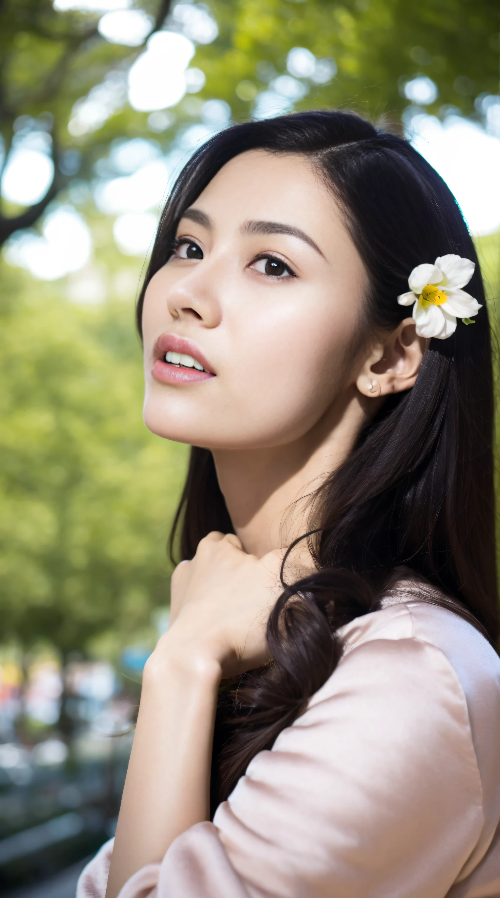 a fashion model，18yr old， [[[[climaxing]]], [[[[climaxing]]]], [[[[Cole]]]], [[[[bshoulder]]]], perfect  eyes, Perfect iris，perfect lips，perfect teeth，Perfect Skin，with fair skin，HighDynamicRange，Movie Girl，(delicated face)，(Highly defined faces)，（Raised sexy），((facial closeups))，The background is tree-lined，fresh flowers，4K Ultra HD, 超高分辨率, (realistically: 1.4), Best quality at best，tmasterpiece，（pastel colour：1.2）