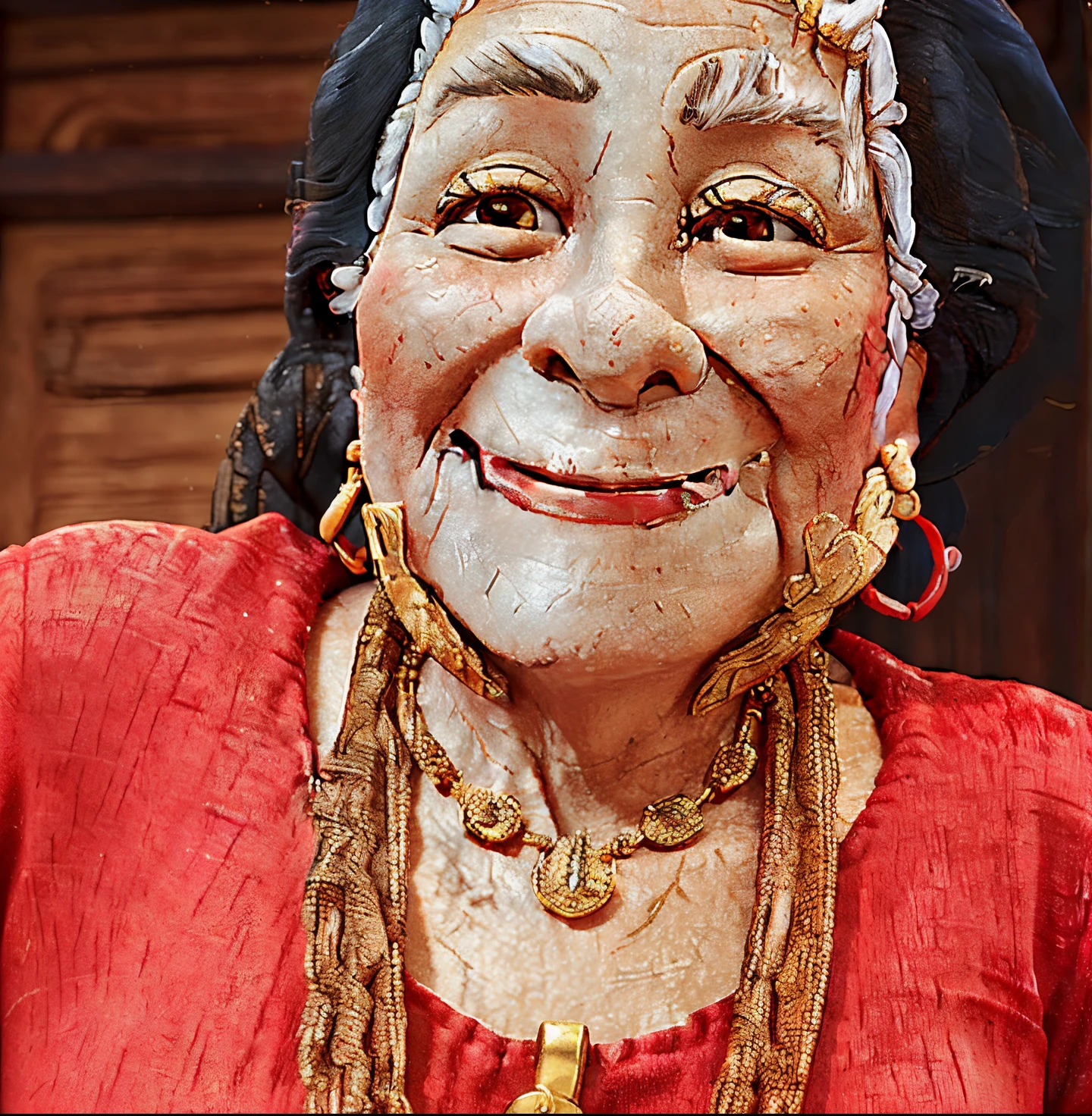 smiling woman with a red shirt and gold necklace and red necklace, she is about 7 0 years old, she is about 6 0 years old, the oracle of the mayan elders, taken in the early 2020s, an old lady with red skin, profile image, jaya su berg, she is smiling, beautiful himalayan woman, photo of a woman