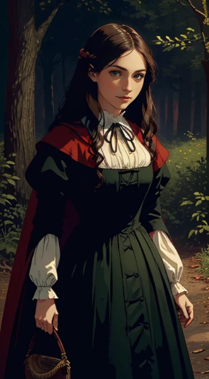 Cinematic Highly colored painting Realistic portrait (extreme close-up, from front) shot of  ((1woman, sensual)), (colonial puritan peasant), dress-up:1.3 in (red:1.5 puritan gowns from 1700s, red hood cape).((medium breasts, holding herself)), ((brunette:1.2 wavy long hair, green eyes, greek noose)). ((smiling, standing, serene)). 1700, outdoors, midnight:1.5, woods, full moon:1.3, trees. (detailed, masterpiece, soft lighting)