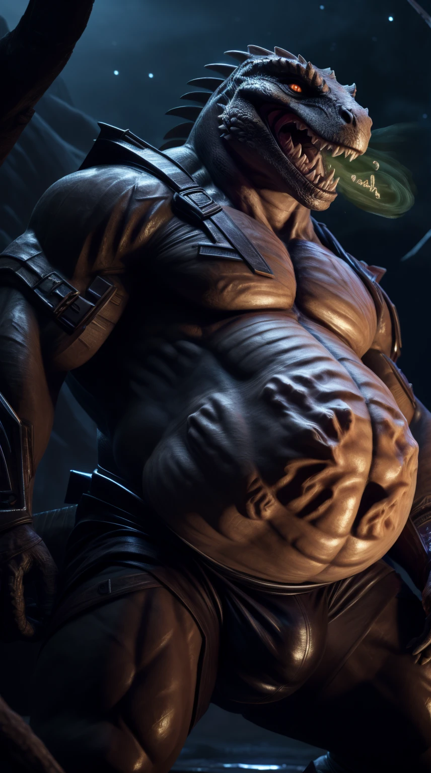 A lizard man with a full belly, muscular, vore, imprint on belly, bulge, illustration, (best quality, 4k, highres, masterpiece:1.2), ultra-detailed, realistic, horror, sharp focus, vivid colors, nighttime lighting, burping up an object, motion lines, light armor