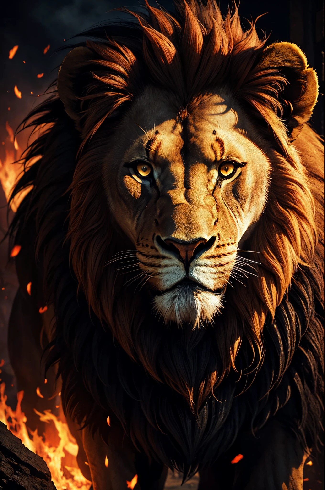 nightmare beast lion, flames, best quality, cinematic lighting, beautiful