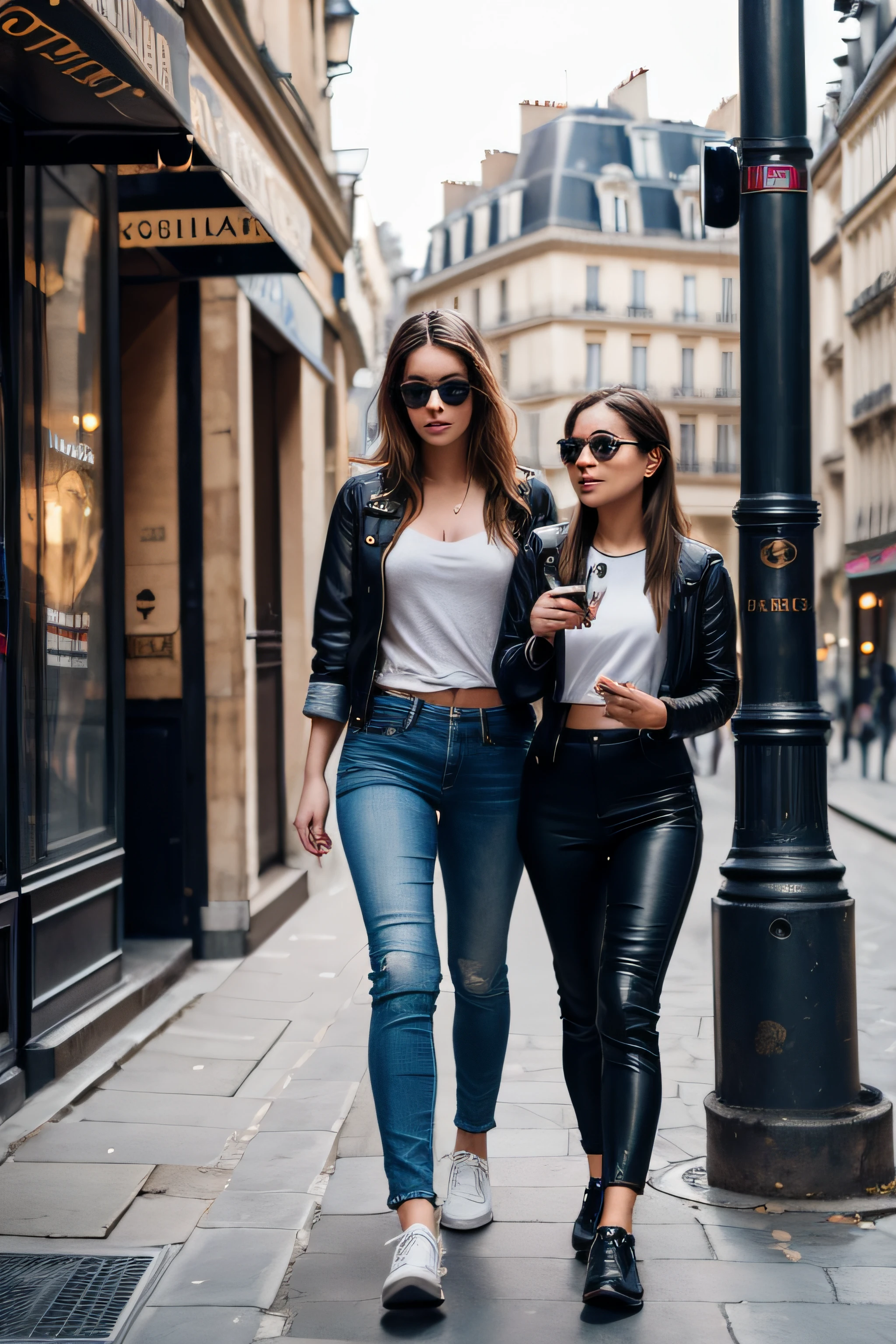 girls listening music with audiophones. walking in paris streets. very realistic