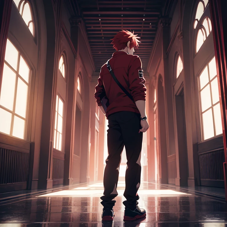 anime man with red hair standing. take photo full body from behind with seeing to side pose