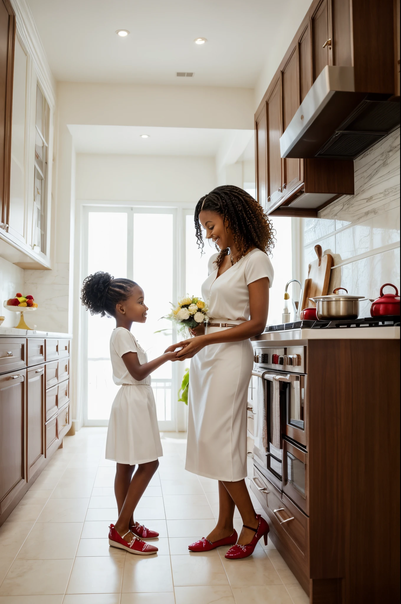 Mother and 11-year-old daughter of African descent, mother and 11 year old daughter, ****** de 11 anos, Com pele negra, mother and curly-haired daughter playing in a luxurious kitchen, The kitchen is all white with red details and accessories......, as duas usam um avental vermelho sobre a roupa branca e fazem um delicioso bolo de morango com chantily. The mother seems more mature, 40-year-old mother, filhas com 9 anos de idade e 11 anos de idade