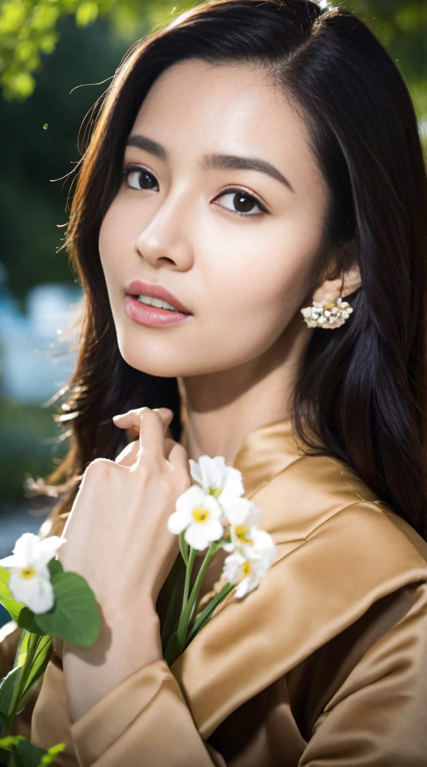 a fashion model，18yr old， [[[[climaxing]]], [[[[climaxing]]]], [[[[Cole]]]], [[[[bshoulder]]]], perfect  eyes, Perfect iris，perfect lips，perfect teeth，Perfect Skin，with fair skin，HighDynamicRange，Movie Girl，(delicated face)，(Highly defined faces)，（Raised sexy），((facial closeups))，The background is tree-lined，fresh flowers，4K Ultra HD, 超高分辨率, (realistically: 1.4), Best quality at best，tmasterpiece，（pastel colour：1.2）