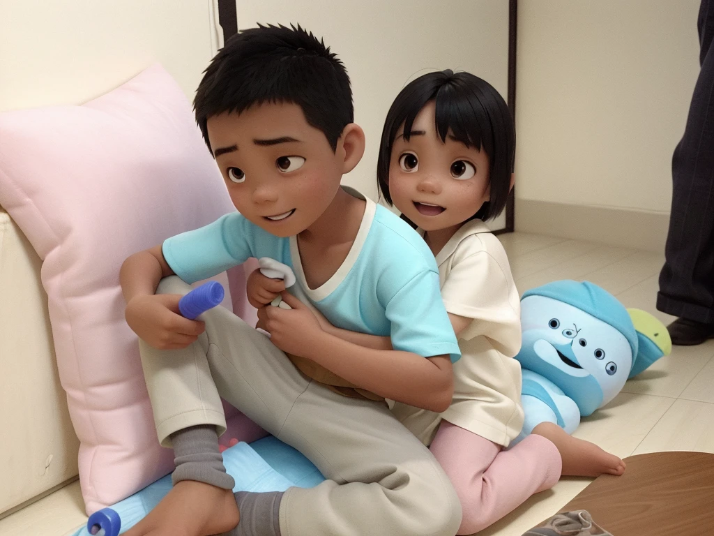 there are two children sitting on the floor playing with toothbrushes, ruan jia and brom, children, kid, help me, they are very serious, foto, kids playing, high quality upload, they are siblings, a picture, roomies, with a kid, siblings, kids, sitting on the bed, bao phan, playing, with a twin