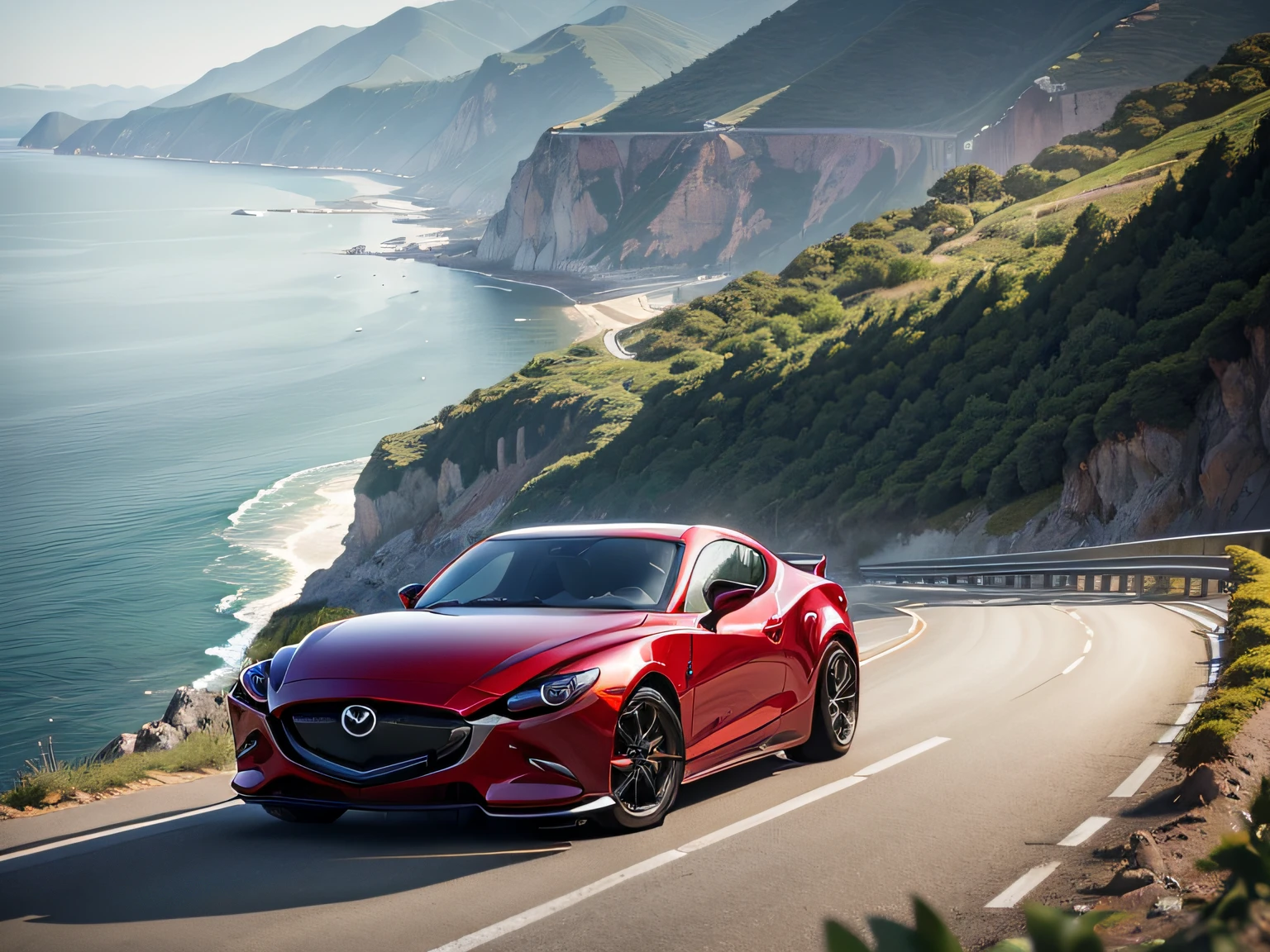 超A high resolution、An ultra-high picture quality、8K、Detailed details、marvelous expression、early summer coastline、Beautiful fresh greenery and lapping waves、A red car runs gracefully on the mountain pass road along the coast......、((Mazda Atenza Sports Coupe GTS 2023 ))