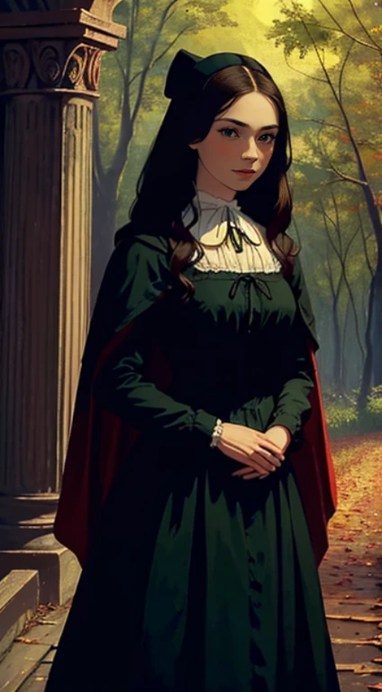 Cinematic Highly colored painting Realistic portrait (extreme close-up, from front) shot of  ((1woman, sensual)), (colonial puritan peasant), dress-up:1.3 in (red:1.5 puritan gowns from 1700s, red hood cape).((medium breasts, holding herself)), ((brunette:1.2 wavy long hair, green eyes, greek noose)). ((smiling, standing, serene)). 1700, outdoors, midnight:1.5, woods, full moon:1.3, trees. (detailed, masterpiece, soft lighting)