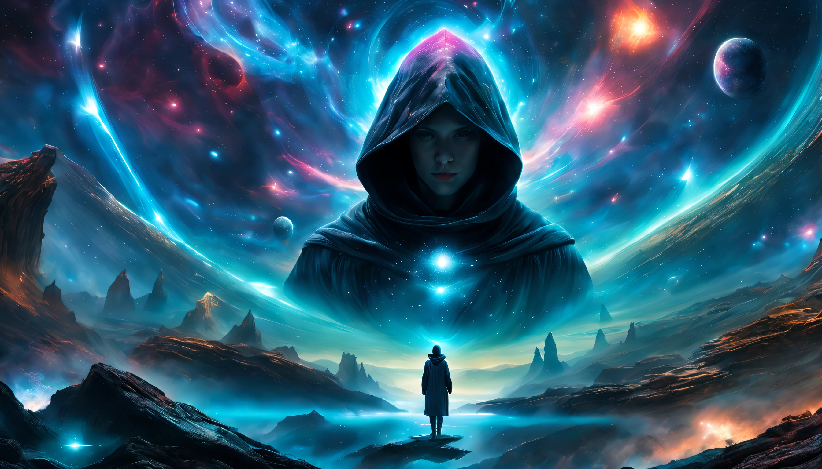 view from afar where a hooded human meditation in surrealistic art by Alexander Jansson and Aleksi Briclot and Arnold Böcklin, Sensual and esoteric and space etherial surrealistic futuristic and ritual style masterpiece UHD 8k, background etherial galactic nebula, UHD, details, unzoomed