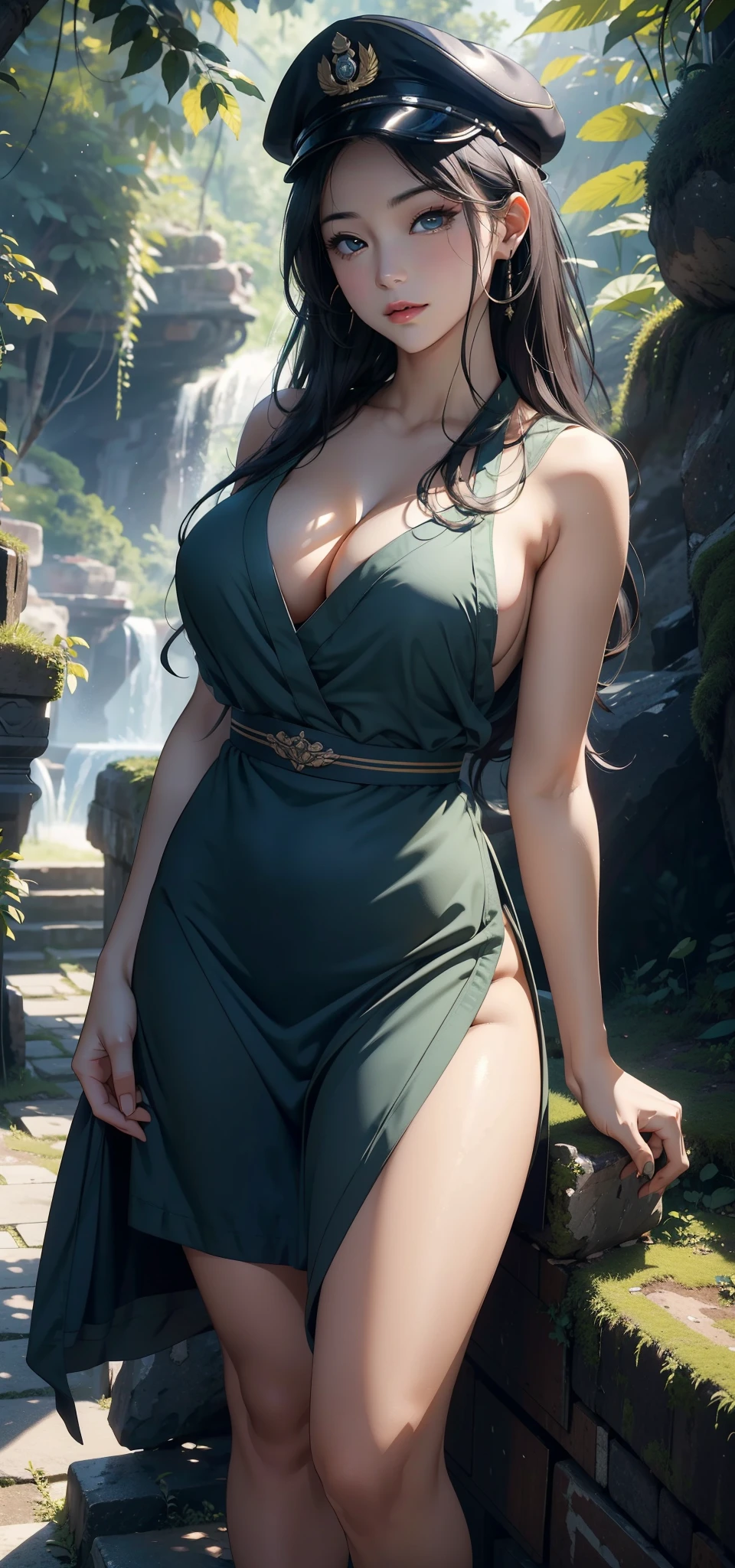 1female，45 yers old，Married woman，熟妇，Large breasts，long leges，big chest and thin waist， photo exposure， 独奏，（Background with：at a forest，the rainforest，in summer） She has long black hair，Stood up，seen from the front， curlies， The sky is mostly cloudy，（（（tmasterpiece），（Very detailed CG unified 8k wallpaper），Best quality at best，电影灯光，detailed back ground，beautidful eyes，Bright pupils，（very delicate beautiful），（Beautiful and detailed eye descriptions），ultra - detailed，tmasterpiece，）），facing at the camera，A high resolution，ultra - detailed），revealing breasts，Bare genitals， convex，Camel toes，Raised ，Japanese Navy（dressed in：Officer's cap，green apron，Bare genitals）nakeness，