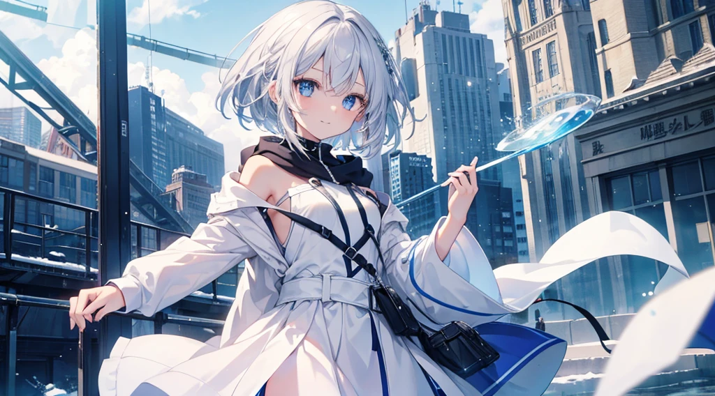 mid-shot, Look at viewers, hands behind back, girl with, 20 years old, Very short hair, long bangs between eyes, hair over shoulder, Grey Hair, Floating hair, ^ ^, pale blue eyes, Short dress, Hoodie, Skirt, Bare shoulder, White clothes, , Extremely detailed,(​masterpiece、top-quality)、独奏、1womanl、White hair、the tips of the hair are blue、Blue eyes、A smile、White skin as clear as snow、Fantastical,Small breasts, Silver hair, Blue eyes, Beautiful eyes, Teen Girl, Ecstasy, charmed, be smitten with audience, Hoodie, Hoodie with open front, Shoulder out,