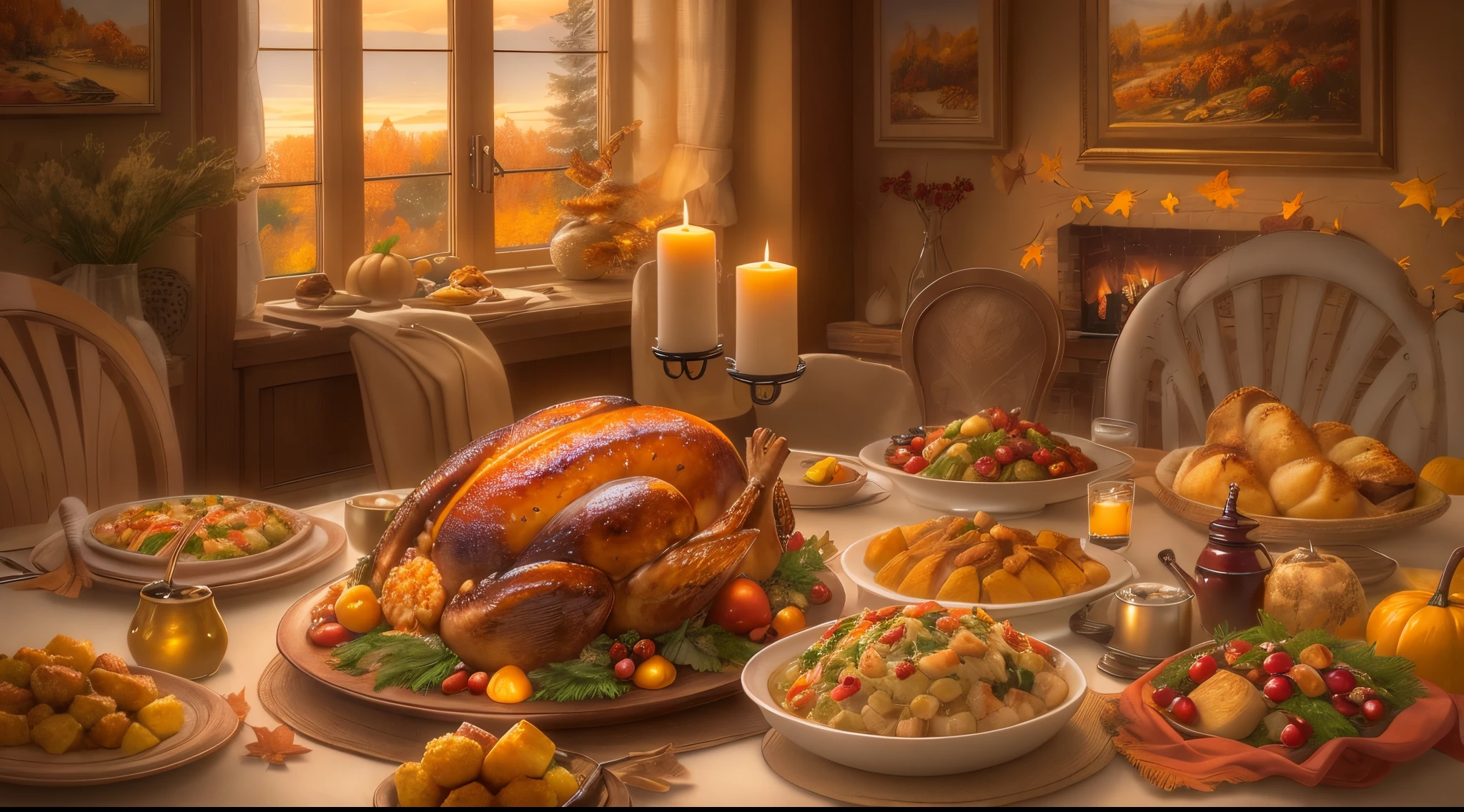 A detailed, high-quality painting of a Thanksgiving turkey dinner surrounded by a warm and cozy atmosphere. The centerpiece of the painting is a beautifully roasted turkey, perfectly golden brown and glistening with juices. The table is adorned with an array of mouthwatering side dishes, including creamy mashed potatoes, savory stuffing, tangy cranberry sauce, and buttery dinner rolls. The scene is set in a festive dining room, with a long wooden table elegantly decorated with autumn-themed centerpieces, colorful fall leaves, and flickering candles. The room is filled with warm and welcoming light, casting a soft glow on the delicious feast. The painting has a realistic and photorealistic style, capturing every intricate detail of the turkey, the texture of the mashed potatoes, and the richness of the colors. The colors are vibrant and inviting, with a warm color palette that evokes the cozy feeling of a holiday gathering. The lighting is carefully crafted to highlight the delicious food and create a warm and inviting atmosphere. The overall image quality is of the highest standard, with ultra-detailed brushstrokes and a sharp focus on every element of the scene. This masterpiece of a painting captures the essence of a Thanksgiving turkey dinner, highlighting the joy and gratitude shared among friends and family.