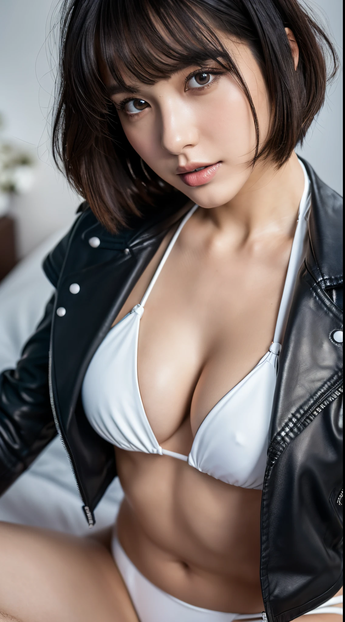 1girl,(wearing a black leather jacket over white bikini :1.2),(leather boots:1.2),(RAW photo, best quality), (realistic, photo-realistic:1.4), masterpiece,Attractive Japan Woman Pictures, an extremely delicate and beautiful, extremely detailed, 2k wallpaper, Amazing, finely detail, extremely detailed CG unity 8k wallpaper, ultra-detailed, highres, soft light, beautiful detailed girl, extremely detailed eyes and face, beautiful detailed nose, beautiful detailed eyes,cinematic lights,perfect anatomy,(short hair:1.3),erotic pose,bedroom,