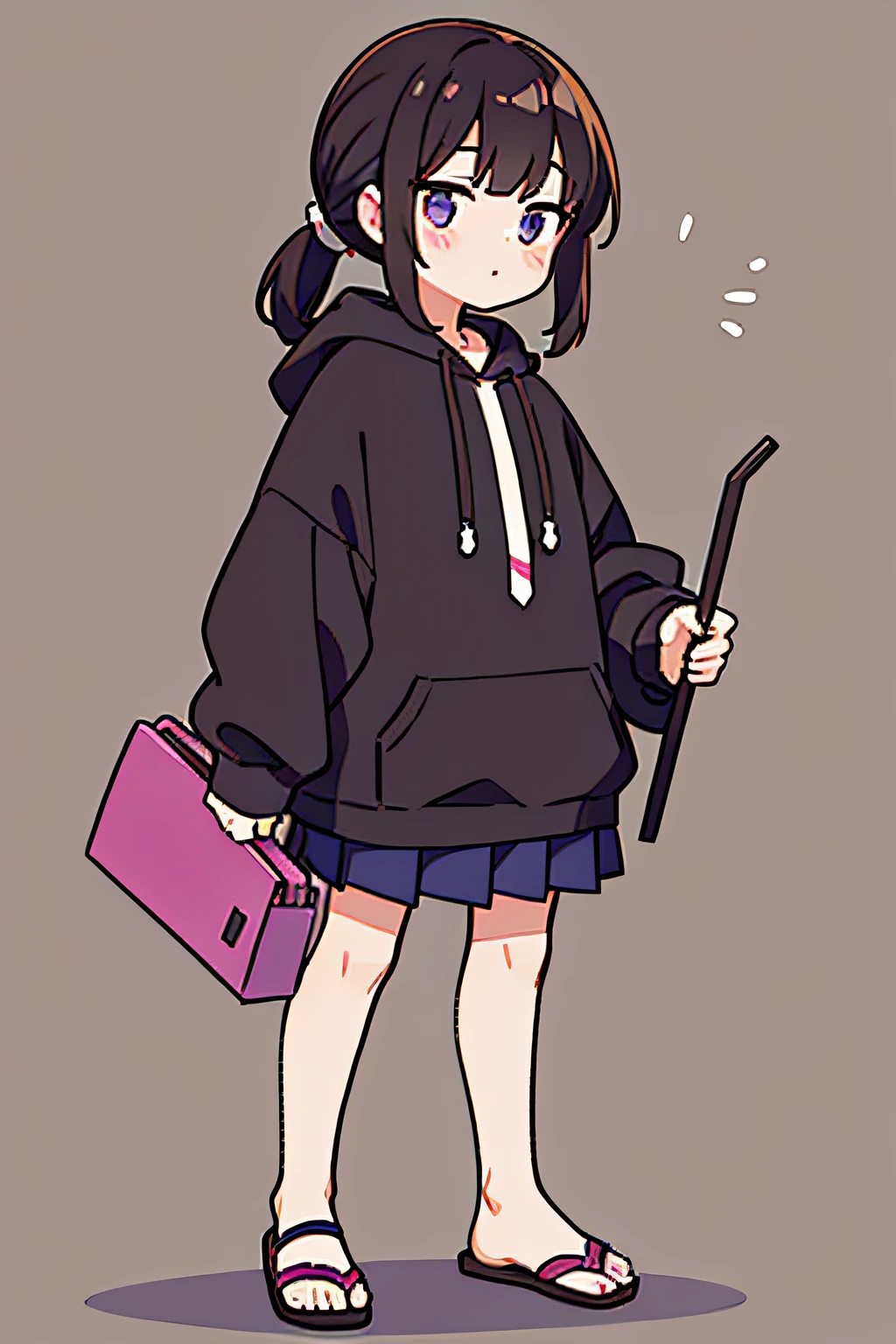 solo, girl, pony tail, black hair, brown hair, Purple Hoodie, full body, hold towel, tie, shirt, skirt, standing up, straw sandals
