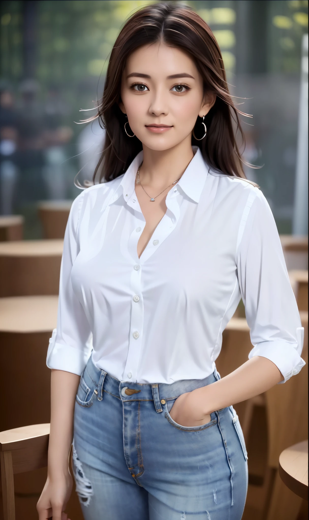 a close up of a woman with a white shirt and jeans, in a white shirt, fine white shirt, wearing a white button up shirt, in a white shirt, Wear a shirt, Wearing a white shirt, in a white shirt, in blouse wearing, Sleek white skintight suit, white shirt, white shirt, white shirt and jeans, White dress shirt