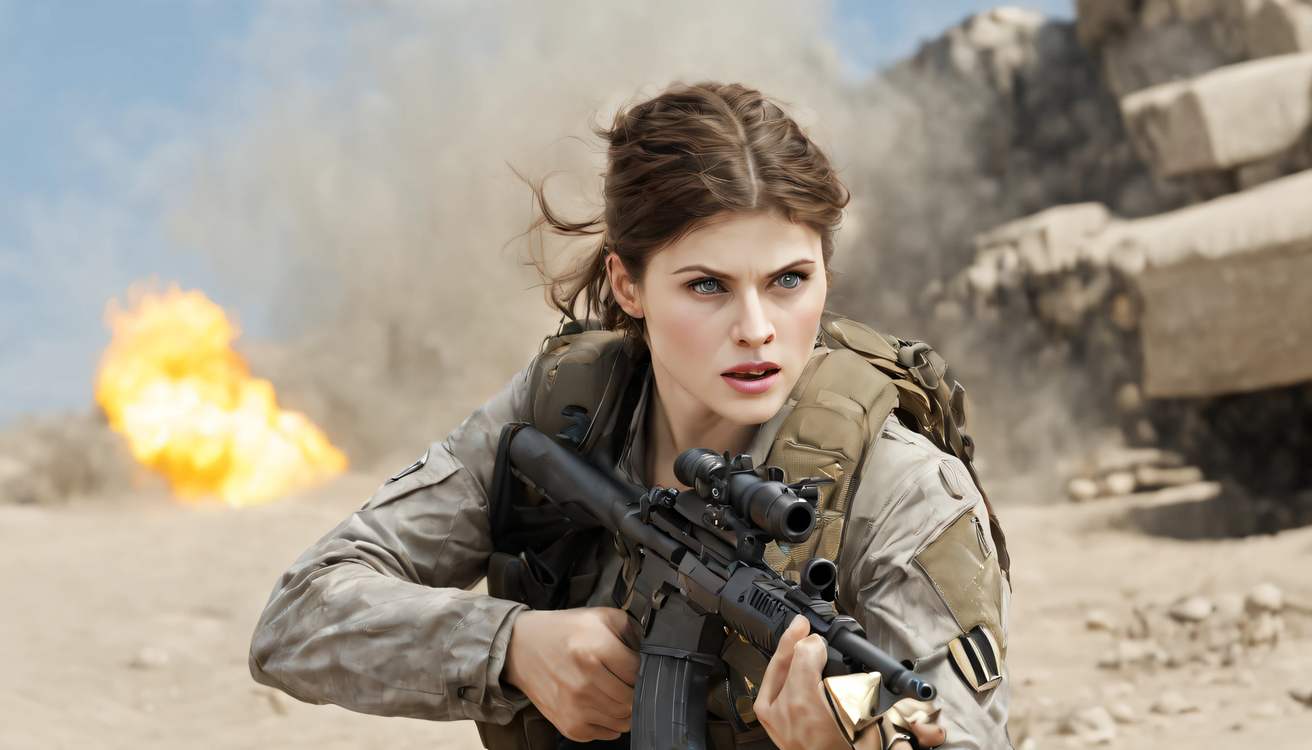 (((Alexandra Daddario fighting Soldier))), (IncrsXLDealWithIt:1.1), sunglasses, (((((desert))))), (masterpiece: 1.5) (photorealistic: 1.1) (bokeh) (best quality) (detailed skin texture pores hair: 1.1) (intricate) (8k) (HDR) (wallpaper) (cinematic lighting) (sharp focus ), (explosion,fire:1.2), (smoke:1.4), (fight scene:1.4), Fight Posing (Trained on "Matrix" Movies), (highest detail fight realistic), (photorealistic:1.4),(RAW photo:1.2), (masterpiece:1.4),(best quality:1.4), Ultra-detailed,(Realistic,Photorealistic,photo-realistic:1.37), (Best quality,4K,8K,A high resolution,Masterpiece:1.2),Ultra-detailed,(Realistic,Photorealistic,photo-realistic:1.37) ((cinematic light)), colorful, hyper detail, dramatic light, intricate details, (best lighting, an extremely delicate and beautiful), (highest detail fight realistic), (((World War)))