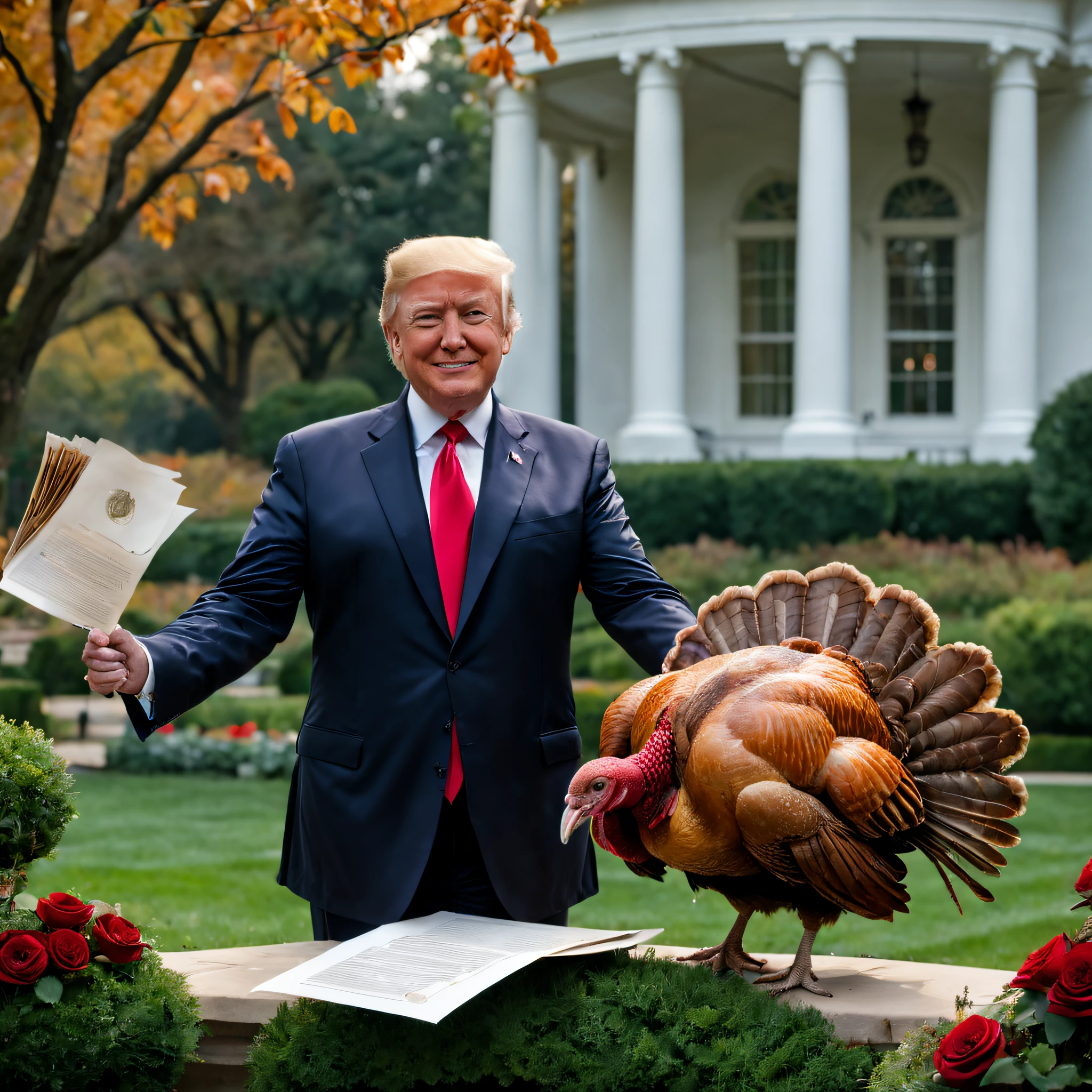US President Trump pardons turkey in White House Rose Garden,President holds up paper to formally pardon,(turkey)On a table,Journalists and photographers capture the moment,Festive and joyful atmosphere,digital illustrations,Vivid colors and clear focus,Natural light,Emphasize intricate details。(best quality,4k,highres,masterpiece:1.2),ultra-detailed,(realistic,photorealistic,photo-realistic:1.37)。
