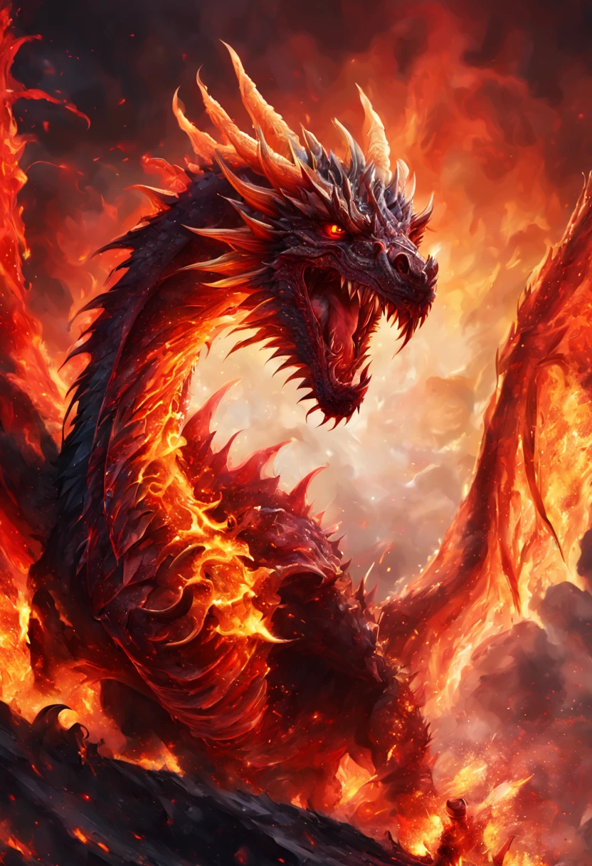 a dragon made of flames,fiery scales,bright red eyes,sharp claws and teeth,massive wings,smoky breath,huge and powerful,roaring in the sky,destroying everything in its path,dark and dangerous atmosphere,glowing embers and sparks,creative and dramatic art style,vibrant and intense colors,dynamic lighting effects,highly detailed rendering,masterpiece:1.2