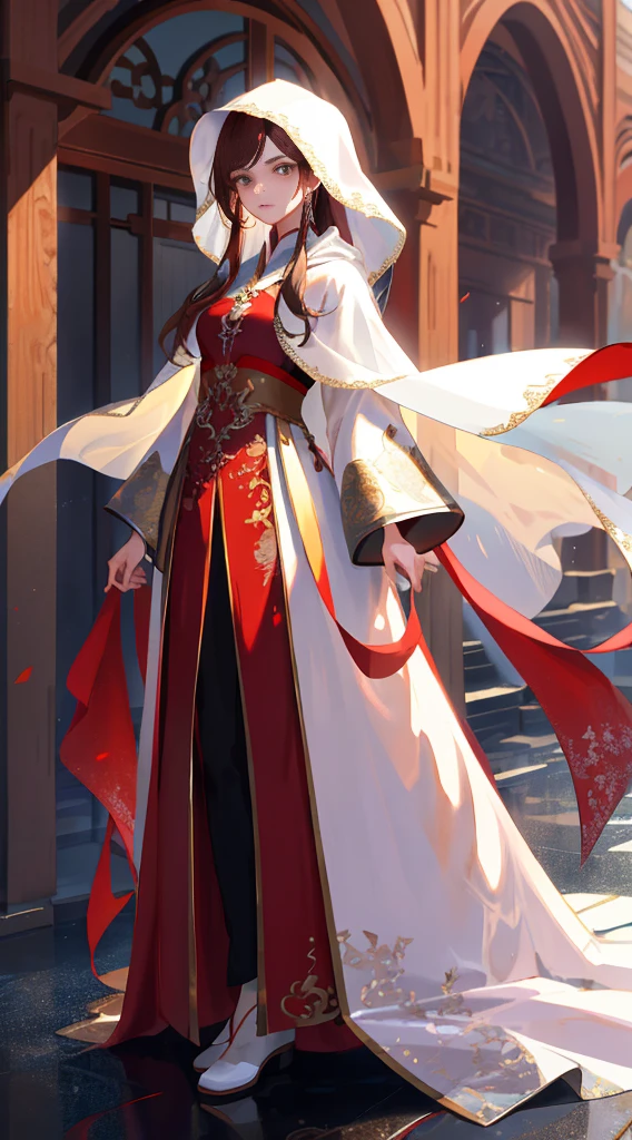 ((8K masterpiece)),Best quality at best,The content is very detailed,(1 girl),Brown hair long,delicated face,Eye focus,wide angles,veil effect。Full body design concept,clothes details,Red dress,White cloak,gemstones for hair,Full body lesbian,