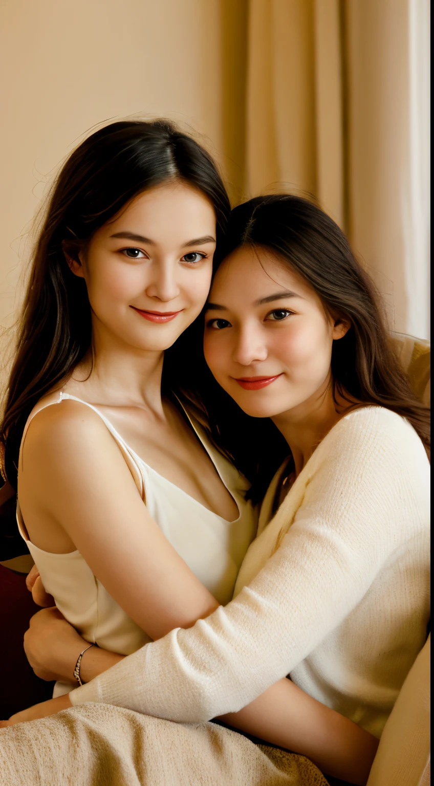 (best quality, highres), detailed eyes and lips, cozy living room, warm lighting, soft colors, romantic atmosphere, intimate moment, happiness, love, beautiful couple, passion, gentle touch, sweet gesture, comfortable sofa, tender embrace, natural poses, joyful expressions, candid moment, emotional connection.