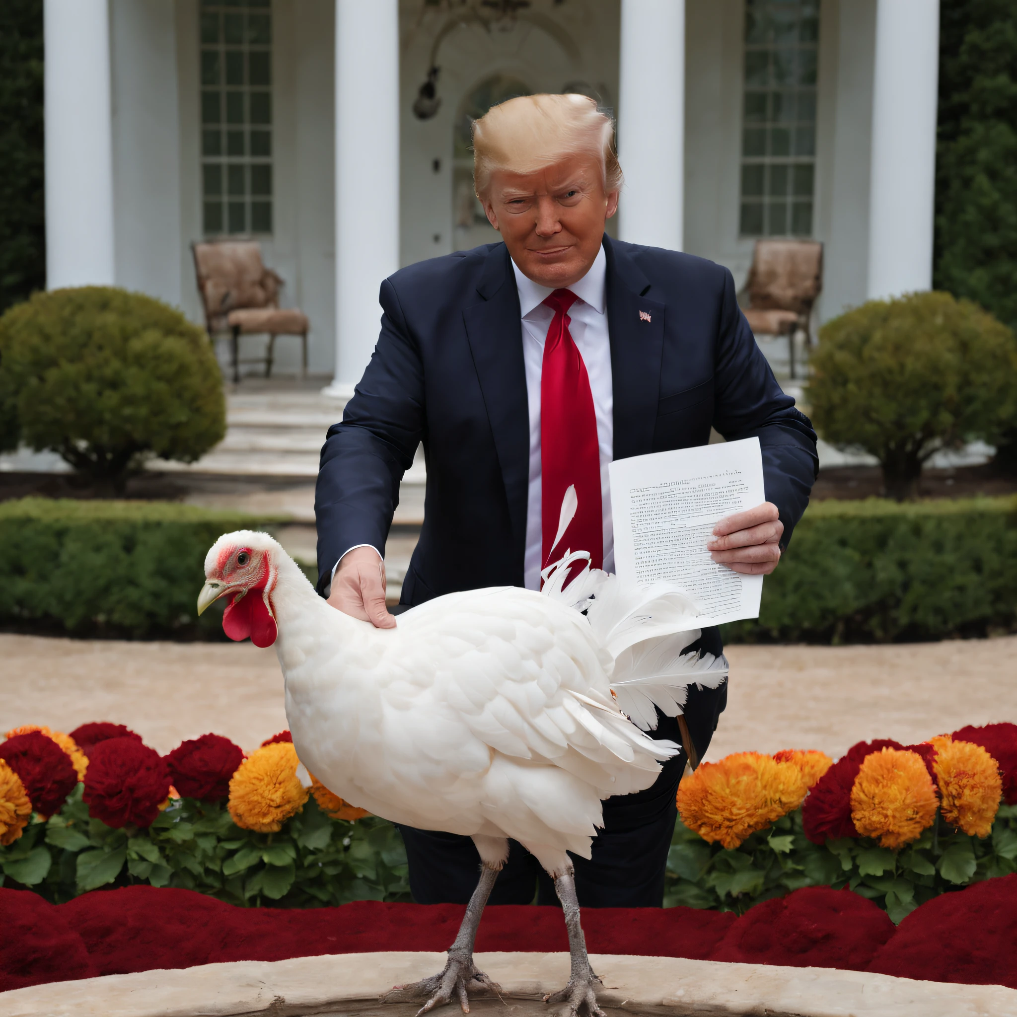 US President Trump posing with a White Feather turkey in the Rose Garden of the White House,Turkey on the table，President holds up paper to formally pardon. (best quality,4k,8k,highres,masterpiece:1.2), ultra-detailed, realistic:1.37, HDR, UHD, studio lighting, extreme detail description, professional, vivid colors, bokeh, portraits, landscape, turkey, autumn colors, cheerful atmosphere, presidential, traditional feast, gratefulness celebration.