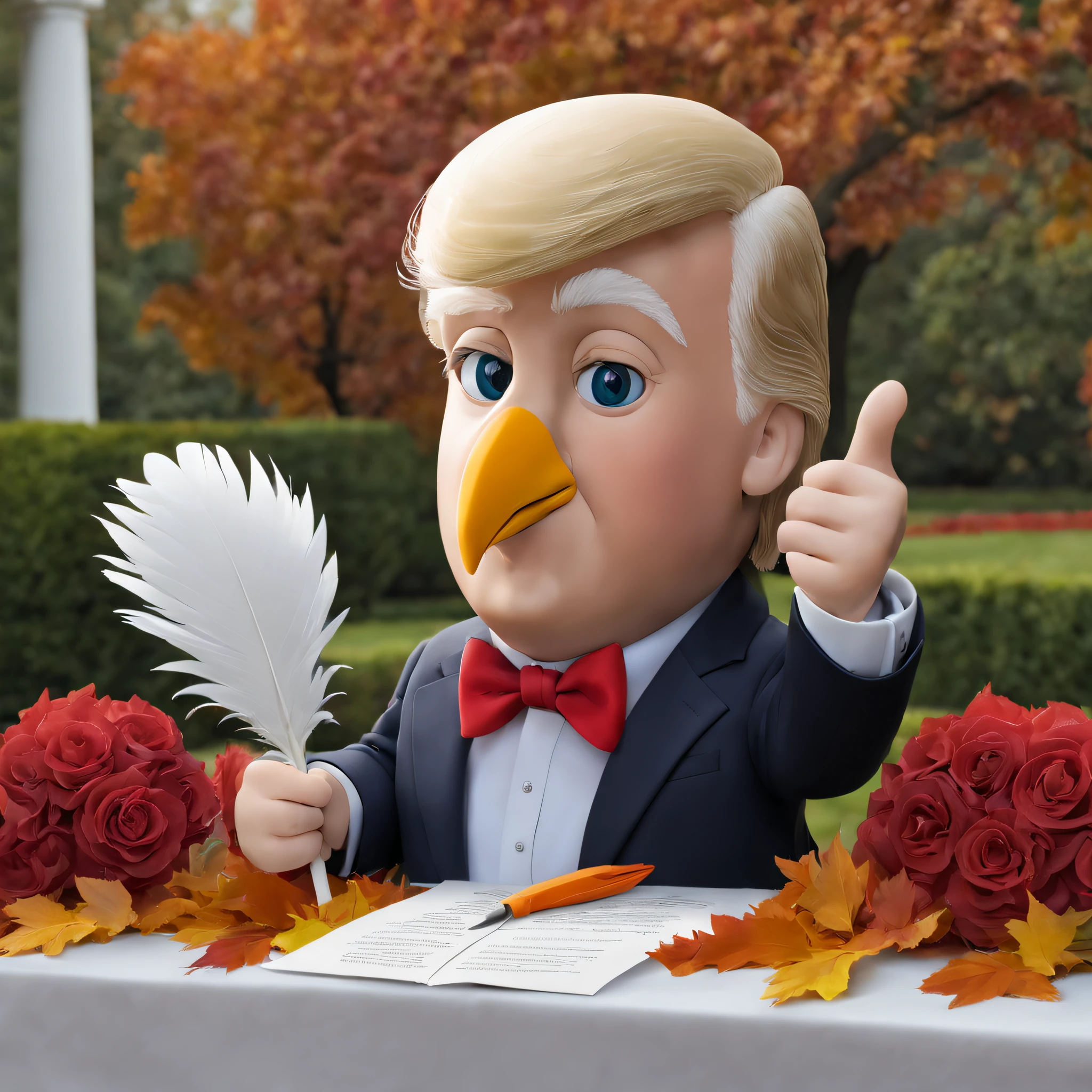US President Trump posing with a White Feather turkey in the Rose Garden of the White House,Turkey on the table,President holds up paper to formally pardon. (best quality,4k,8k,highres,masterpiece:1.2), ultra-detailed, realistic:1.37, HDR, UHD, studio lighting, extreme detail description, professional, vivid colors, bokeh, portraits, landscape, turkey, autumn colors, cheerful atmosphere.