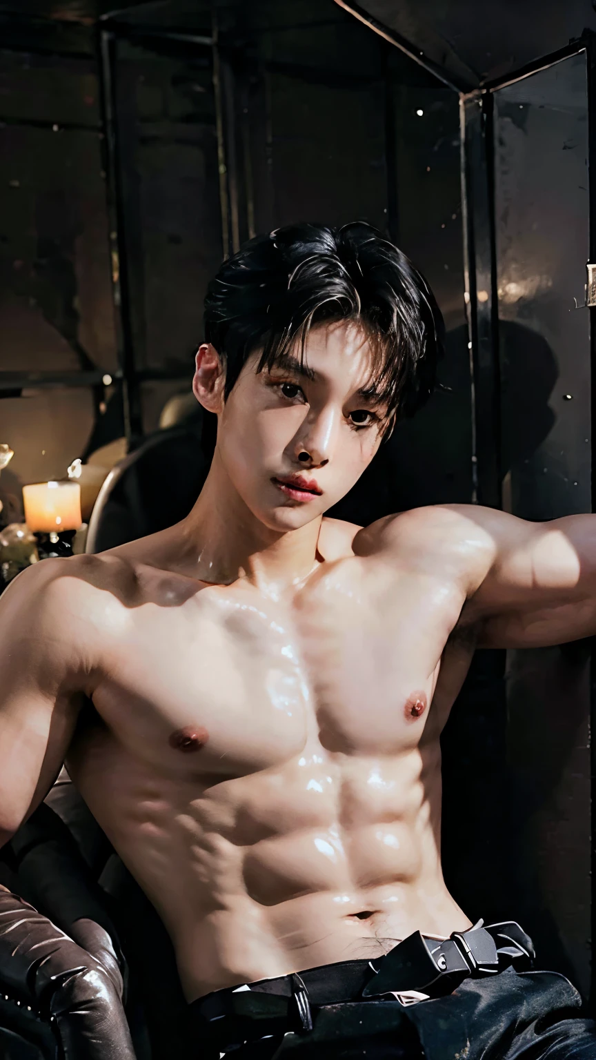 Young Bruce Wayne man black hair, big muscular body, in topless, in dark room