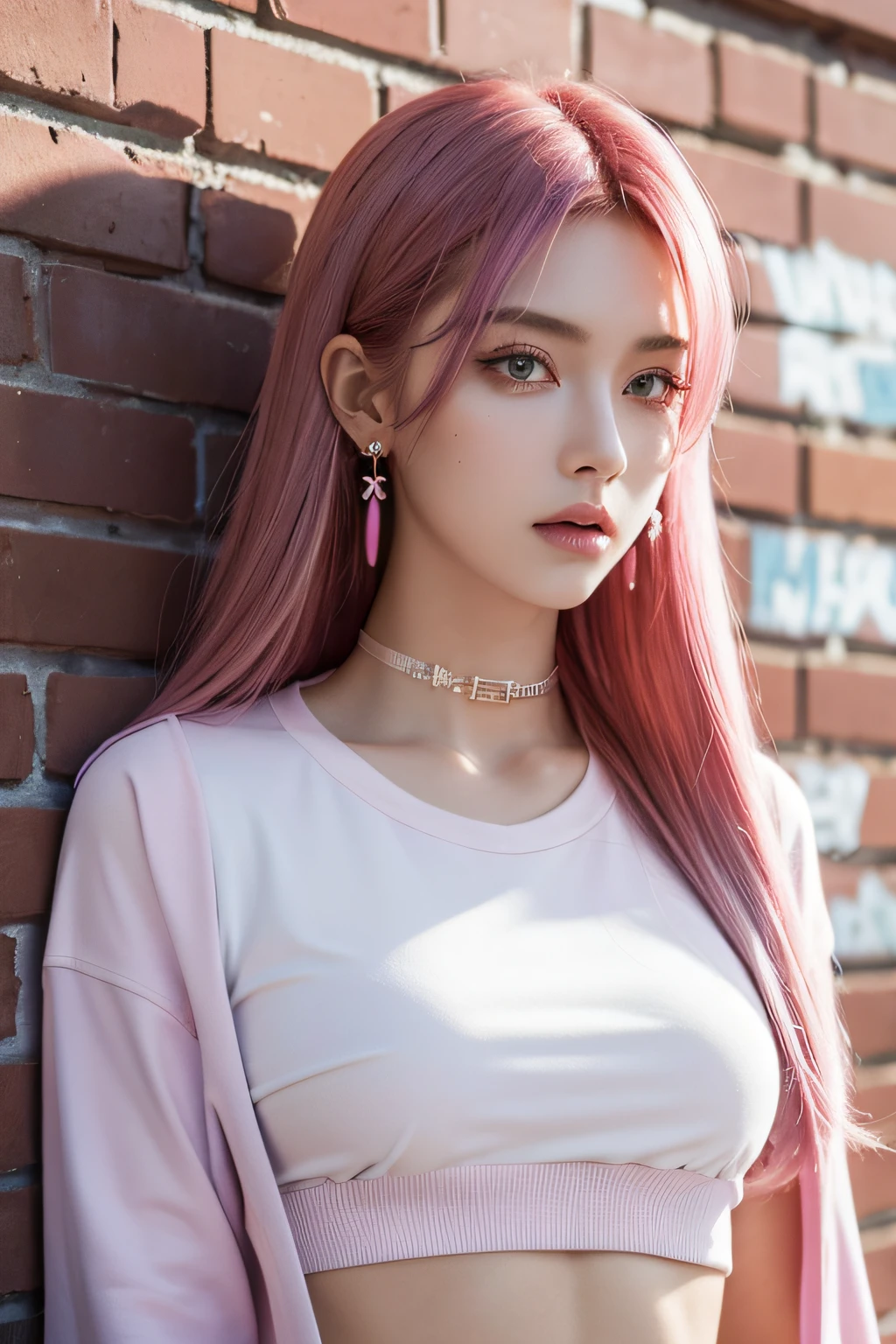 (masterpiece, best quality, 1girl, solo, intricate details, chromatic aberration), realistic, ((medium breath)),long hair, pink hair, red head ornament, pink highlights, hair over one eye,purple eyes, earrings, sharp eyes, choker, neon shirt, open jacket, crop top, (symmetry eyes),(perfect symmetrical body),against wall, brick wall, graffiti, dim lighting, alley ,look at viewer