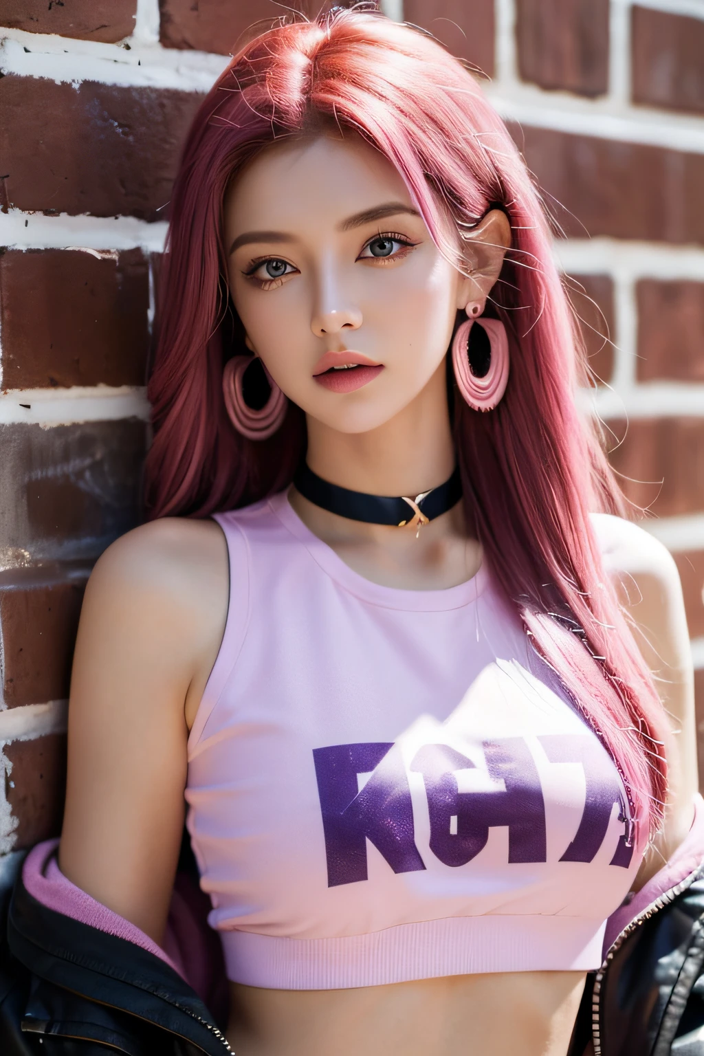 (masterpiece, best quality, 1girl, solo, intricate details, chromatic aberration), realistic, ((medium breath)),long hair, pink hair, red head ornament, pink highlights, hair over one eye,purple eyes, earrings, sharp eyes, choker, neon shirt, open jacket, crop top, (symmetry eyes),(perfect symmetrical body),against wall, brick wall, graffiti, dim lighting, alley ,look at viewer