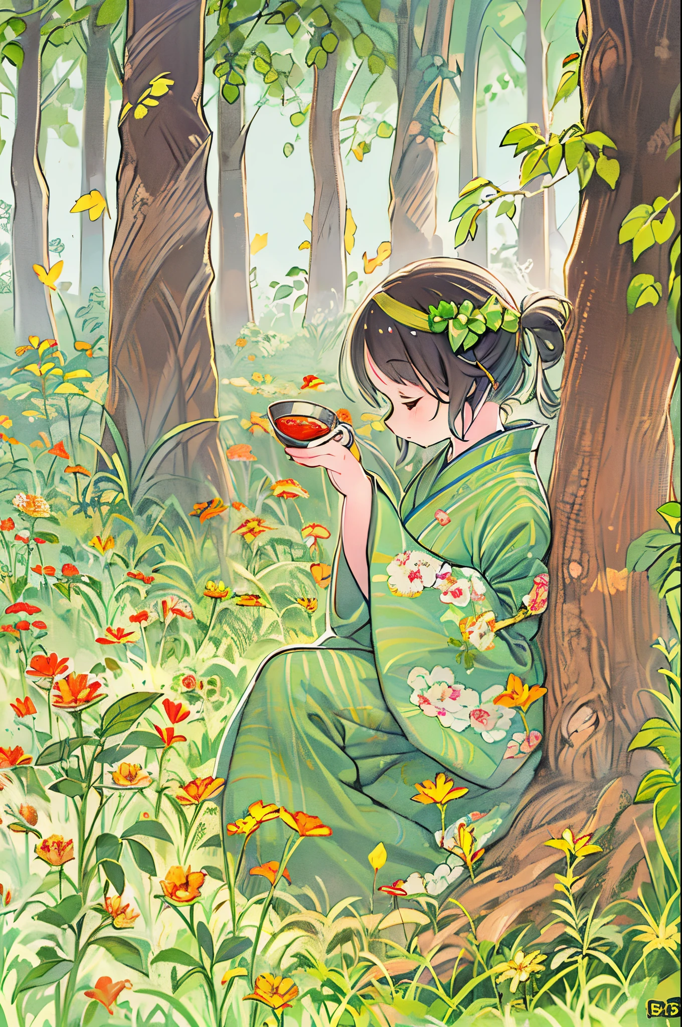 fairytale illustration/Reiko Ikemura, pixabay, simple art, full color illustration, Cute fairy tale illustration, Picture book illustration, Illustration, Girl picking tea in the style of Hayao Miyazaki, In the field, Kimono, Kimono