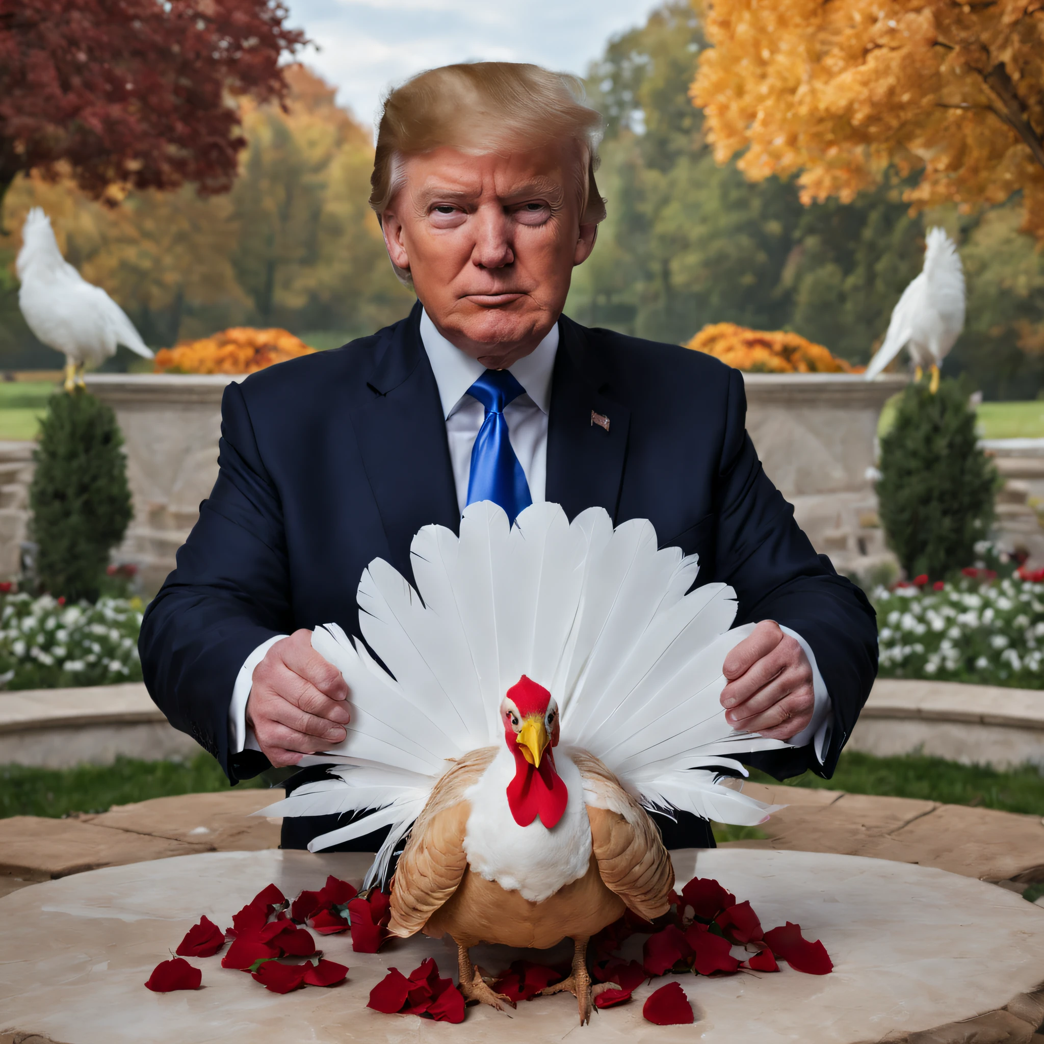 US President Trump posing with a White Feather turkey in the Rose Garden of the White House,Turkey on the table,President holds up paper to formally pardon. (best quality,4k,8k,highres,masterpiece:1.2), ultra-detailed, realistic:1.37, HDR, UHD, studio lighting, extreme detail description, professional, vivid colors, bokeh, portraits, landscape, turkey, autumn colors, cheerful atmosphere.