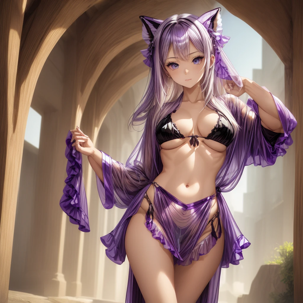 1girl, navel up shot , armpit, (voluptuous lips), opened mouth,kissing lips ,seductive smile, smiling full of compassion, heart shaped pupils, blushed, super cute, innocent, perfect body , medium large breast, opened mouth,thin eyebrows, top quality, wearing sexy maidgical wizard girl  costume, (it is consist of purple long sleeved robe, delicate frilled, complicated pattern, transparent, metal bikini armor , navel baring, fox tail, flashy accessories:1.6), ((pierce on nose:1.5)), spiral cloud with lightning background