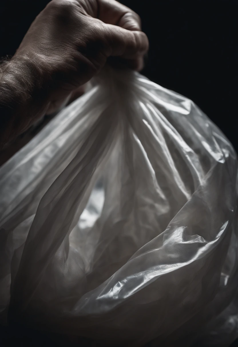 A close-up shot of a plastic bag being tied in a knot, showcasing the intricate folds and the texture of the plastic, creating a visually tactile and detailed image.