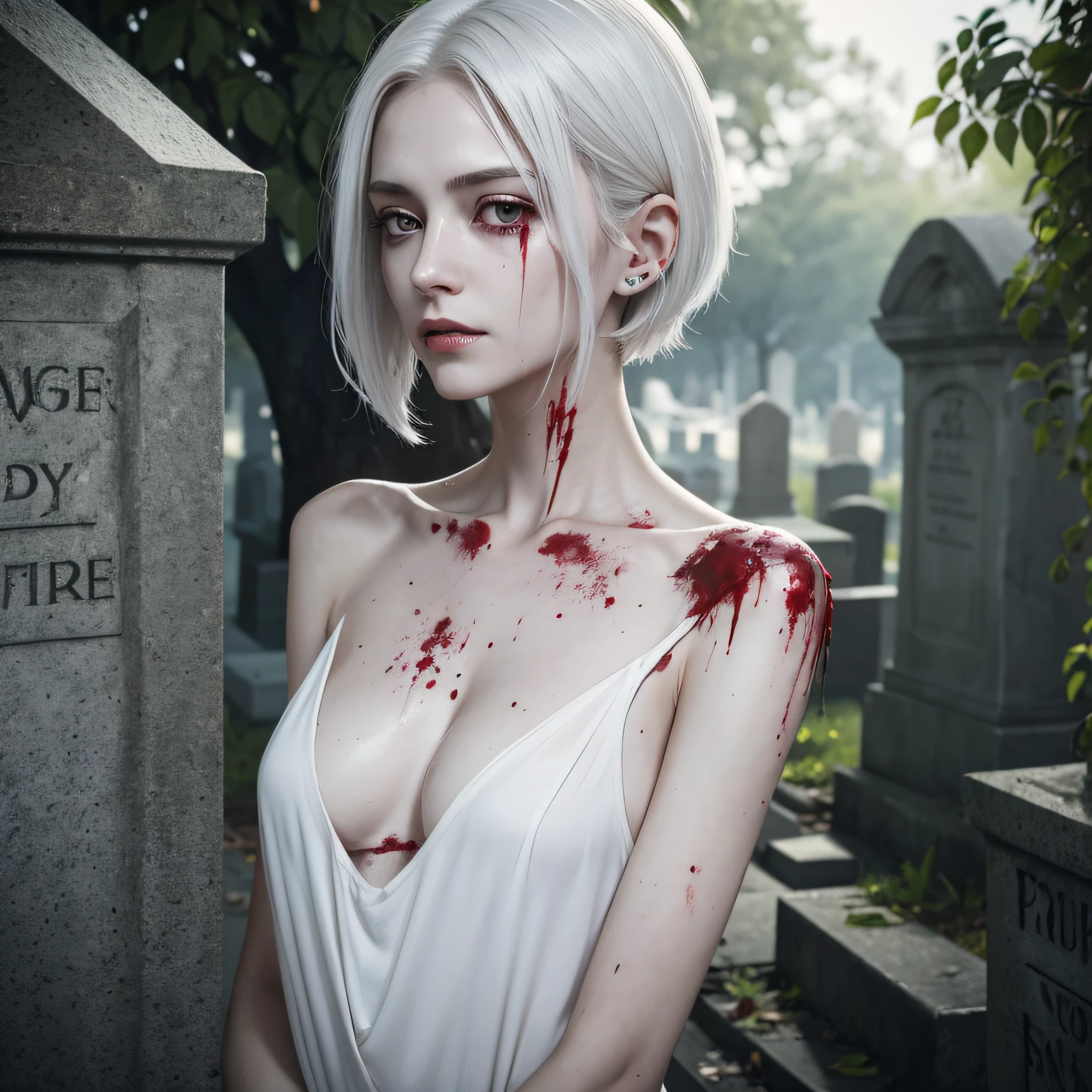 corpse, sinister, female, thin, pale, looking at the camera, ultra realistic, fully detailed, cemetery environment, bright eyes, white dress torn and stained with blood, bones exposed, putrid wounds, sensual, terrifying, bruised by the body, exposed fracture in the collarbone, slight smile, super detailed, black short hair, blood and wounds, stab wounds on body, dirty clothes, white hair,