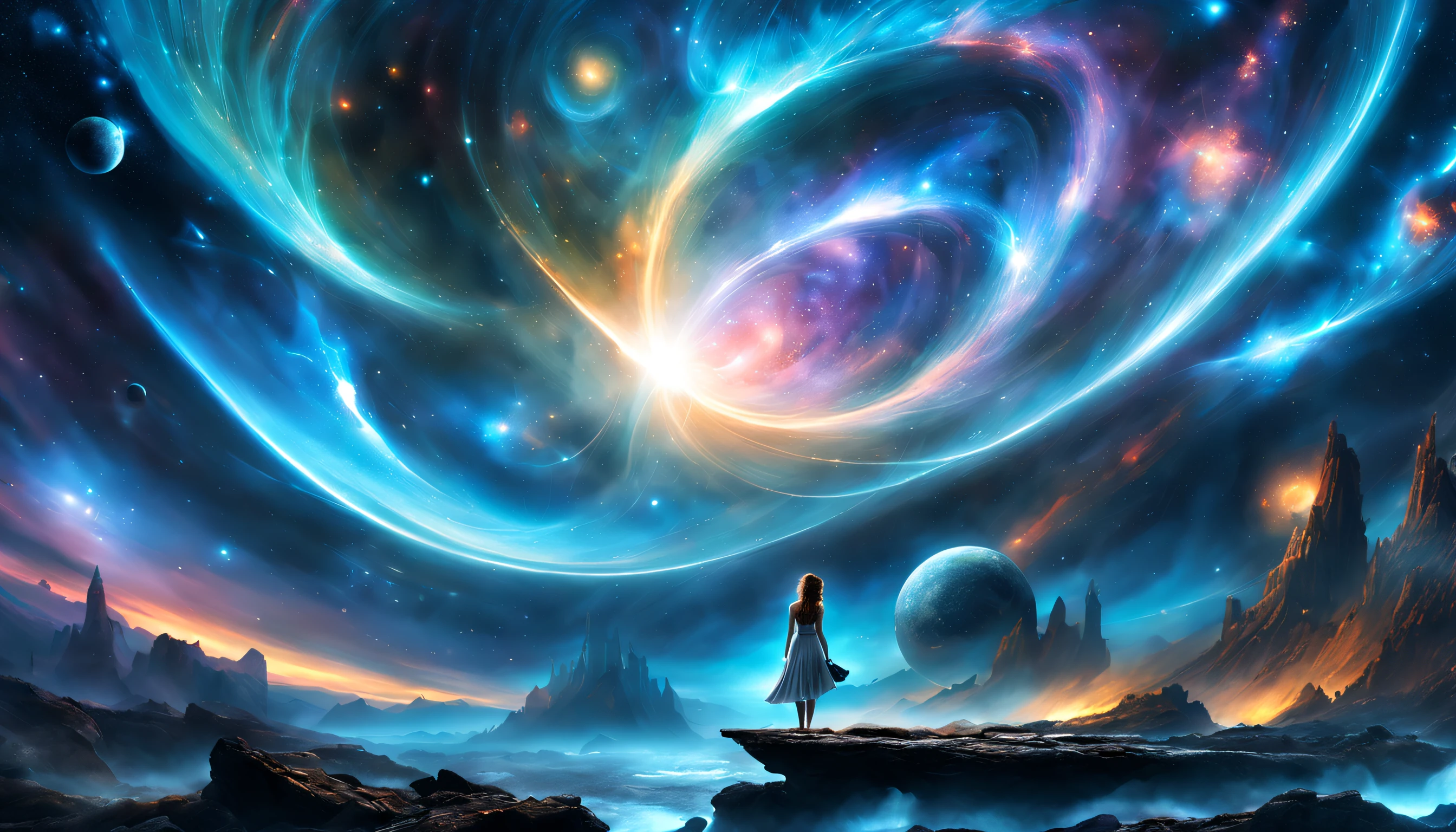 view from afar where a young woman meditation in surrealistic art by Alexander Jansson and Aleksi Briclot and Arnold Böcklin, Sensual and esoteric and space etherial surrealistic futuristic and ritual style masterpiece UHD 8k, background etherial galactic nebula, UHD, details, unzoomed