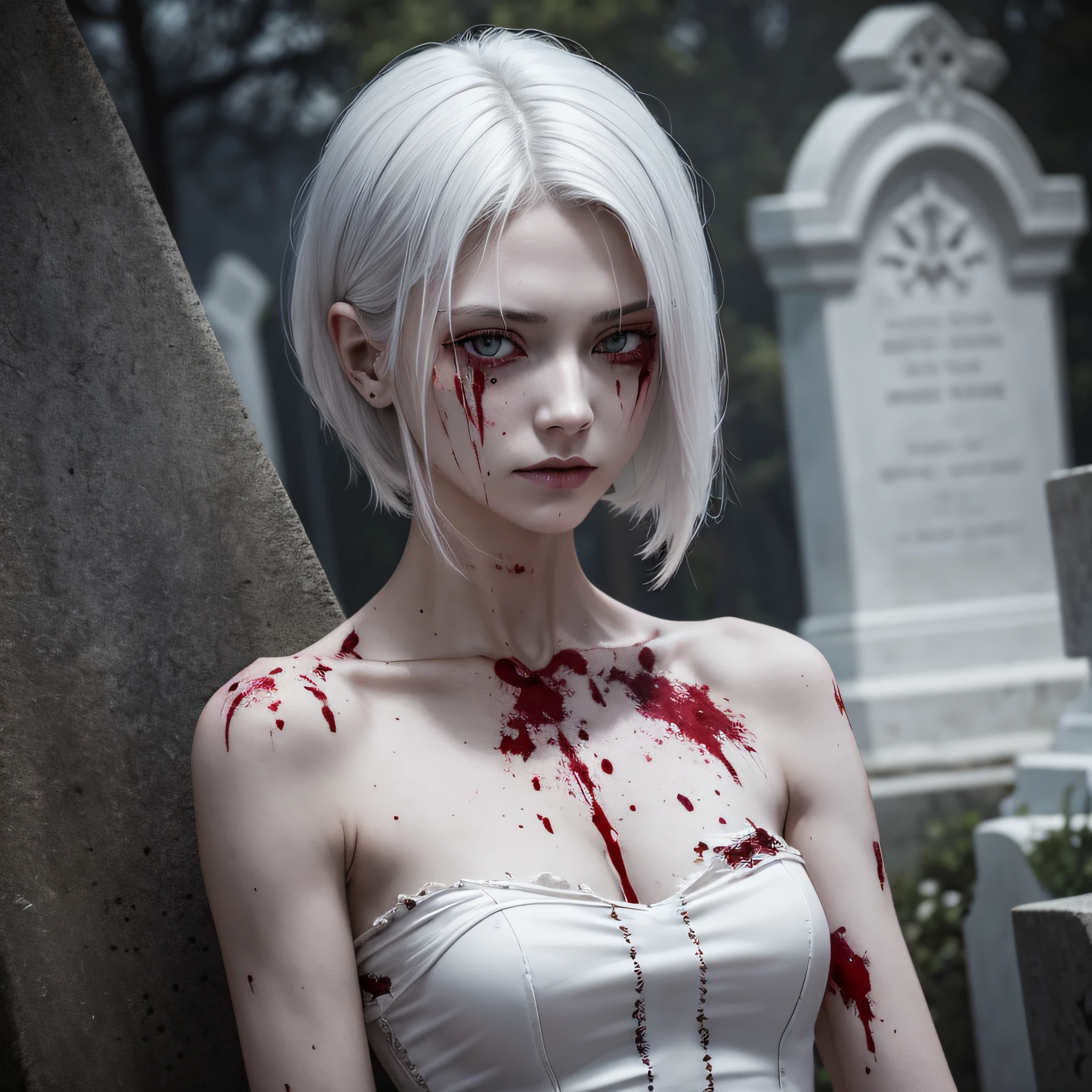 corpse, sinister, female, thin, pale, looking at the camera, ultra realistic, fully detailed, cemetery environment, bright eyes, white dress torn and stained with blood, bones exposed, putrid wounds, sensual, terrifying, bruised by the body, exposed fracture in the collarbone, slight smile, super detailed, black short hair, blood and wounds, stab wounds on body, dirty clothes, white hair,