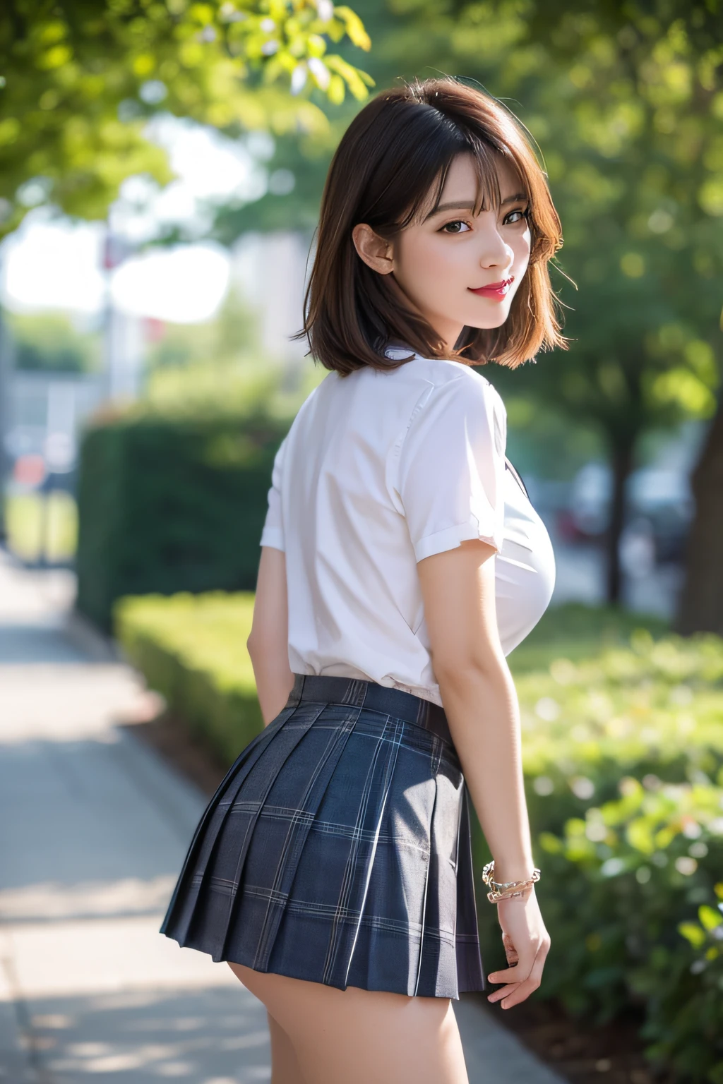 nsfw, 8K raw photo, Best quality, masterpiece, ultra high res, film grain, filmg, 1girl, looking at viewer, natural skin texture, realistic eye and face details, full lips, lipstick, (makeup), red eyeshadow, fluffy short hair, messy hair, smile, close mouth, beautiful legs, tall female, skinny, slim_legs, solo, enormous breast, cleavage, Pose with buttocks facing you, ultra short skirt, ass, shirt, beautiful nature location, around flower location, (detailed background), plaid skirt, white shirt, enormous breast, cleavage, Show a little cleavage through the shirt, loafers, blurry background, blurry, holding, plaid, short sleeves, jk ribbon on the neck, jk ribbon, brown hair, bracelet, water, bangs, school uniform, jewelry, parted lips, lips, from side, pleated skirt, depth of field
