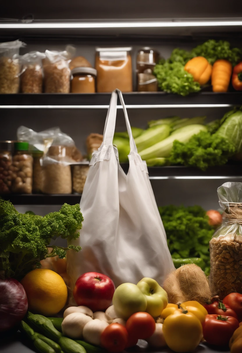 A high-resolution image of a reusable plastic bag filled with groceries, with a variety of fresh produce and pantry items neatly organized inside, creating a visually practical and environmentally conscious scene