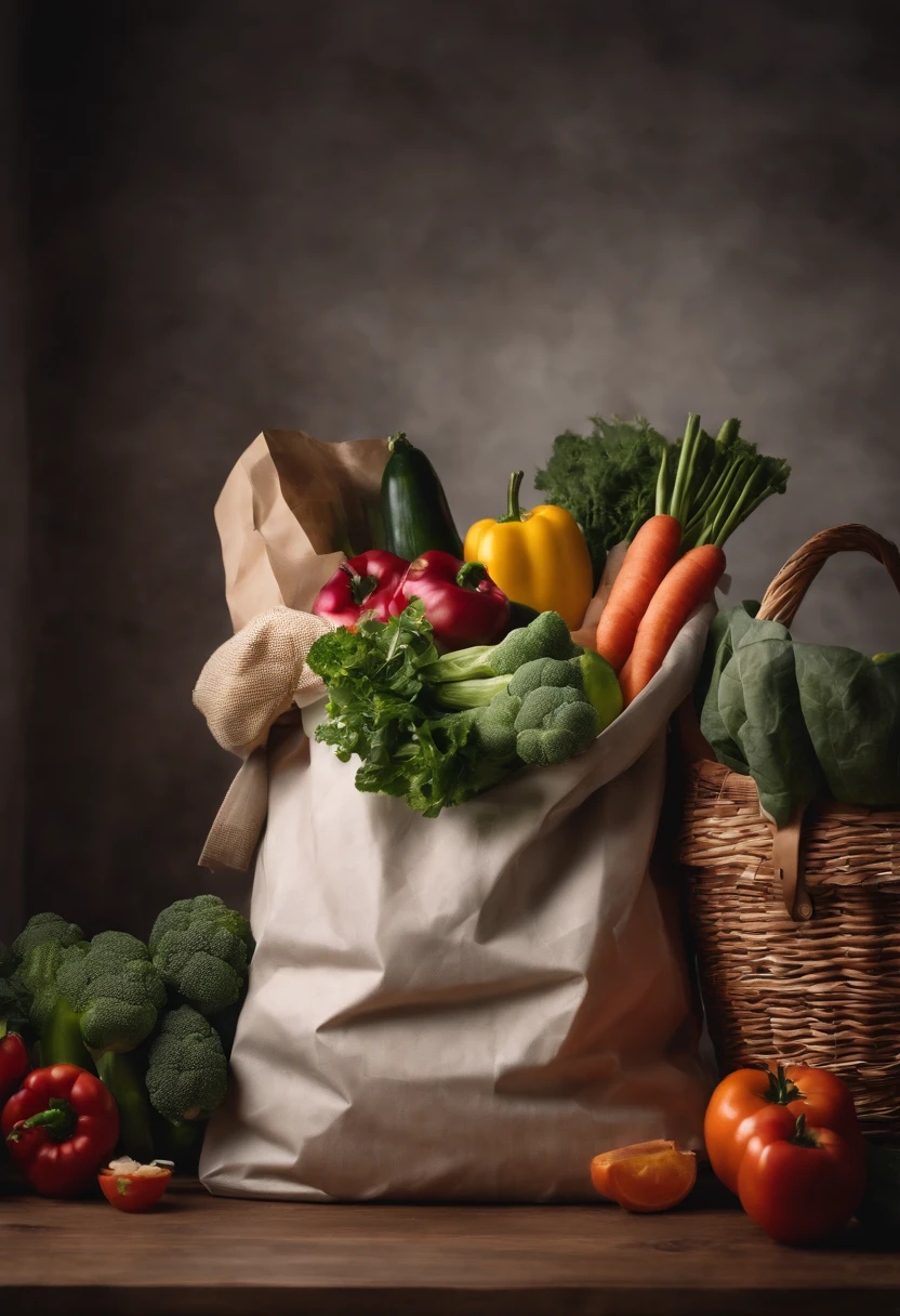 A high-resolution image of a reusable plastic bag filled with groceries, with a variety of fresh produce and pantry items neatly organized inside, creating a visually practical and environmentally conscious scene