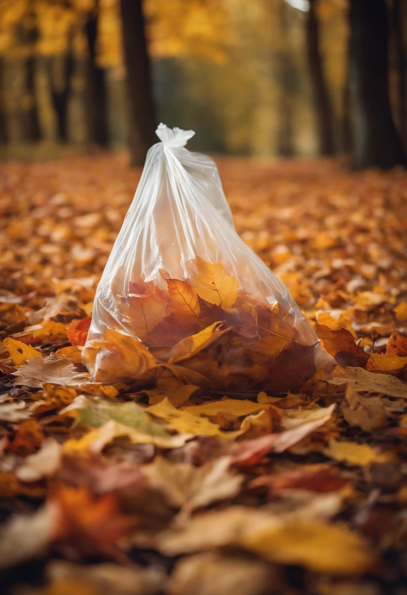 A visually pleasing composition of a plastic bag filled with colorful autumn leaves, with the bag acting as a vessel for capturing the beauty of nature, creating a visually nostalgic and seasonal scene.