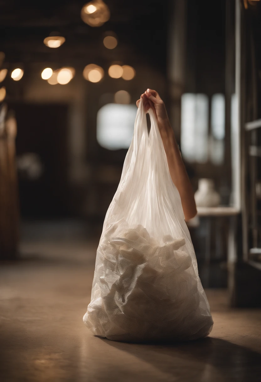A high-resolution image of a plastic bag being reused as a fashion accessory, with it being styled and worn as a statement piece, showcasing creativity and sustainability, creating a visually unique and upcycled scene.