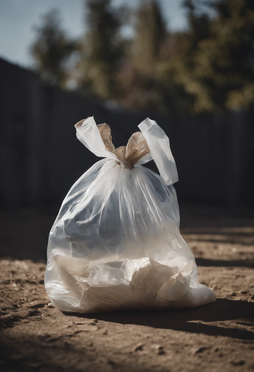 A high-resolution image of a plastic bag being reused as a fashion accessory, with it being styled and worn as a statement piece, showcasing creativity and sustainability, creating a visually unique and upcycled scene.