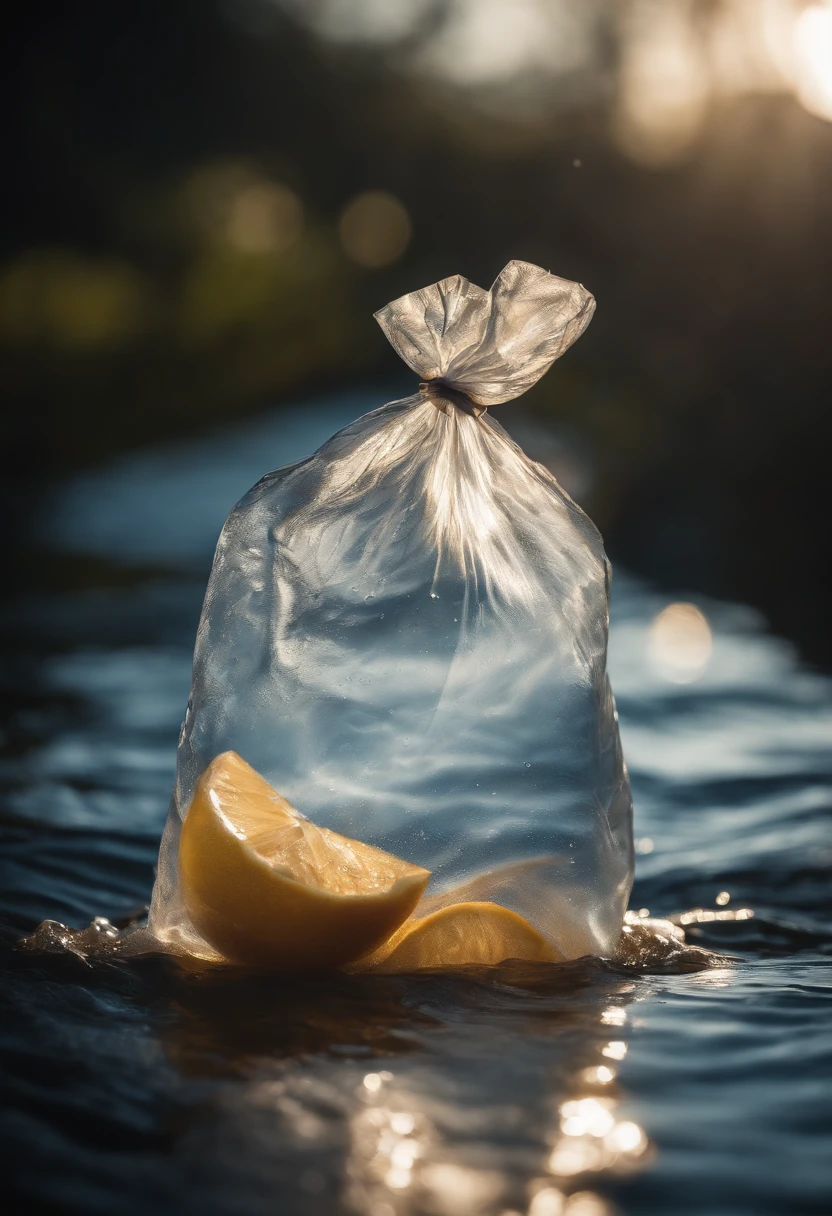 A visually stunning composition of a plastic bag filled with water, with the refraction of light creating a visually mesmerizing and abstract image.