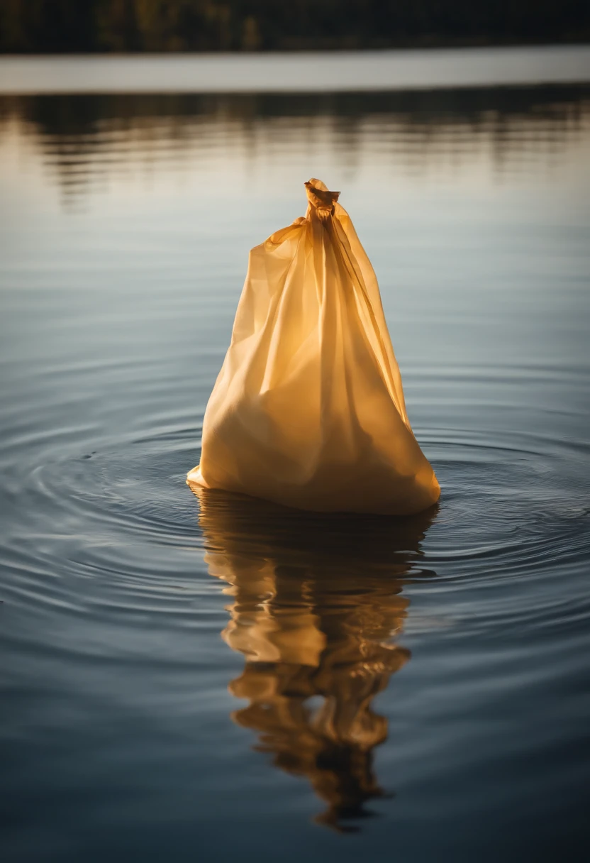 A high-resolution image of a plastic bag floating on the surface of a serene lake, with the ripples and reflections creating a visually serene and peaceful scene.