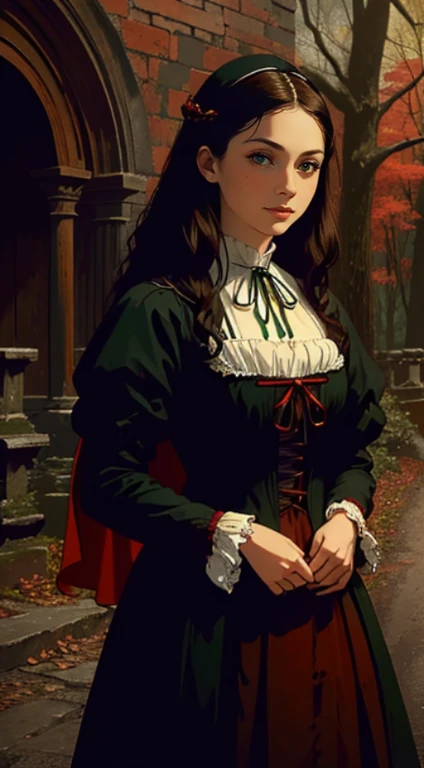 Cinematic Highly colored painting Realistic portrait (extreme close-up, from front) shot of ((1woman, sensual)), (colonial puritan peasant), dress-up:1.3 in (red:1.5 puritan gowns from 1700s, red hood cape).((medium breasts, holding herself)), ((brunette:1.2 wavy long hair, green eyes, greek noose)). ((smiling, standing, serene)). 1700, outdoors, midnight:1.5, woods, full moon:1.3, trees. (detailed, masterpiece, soft lighting)